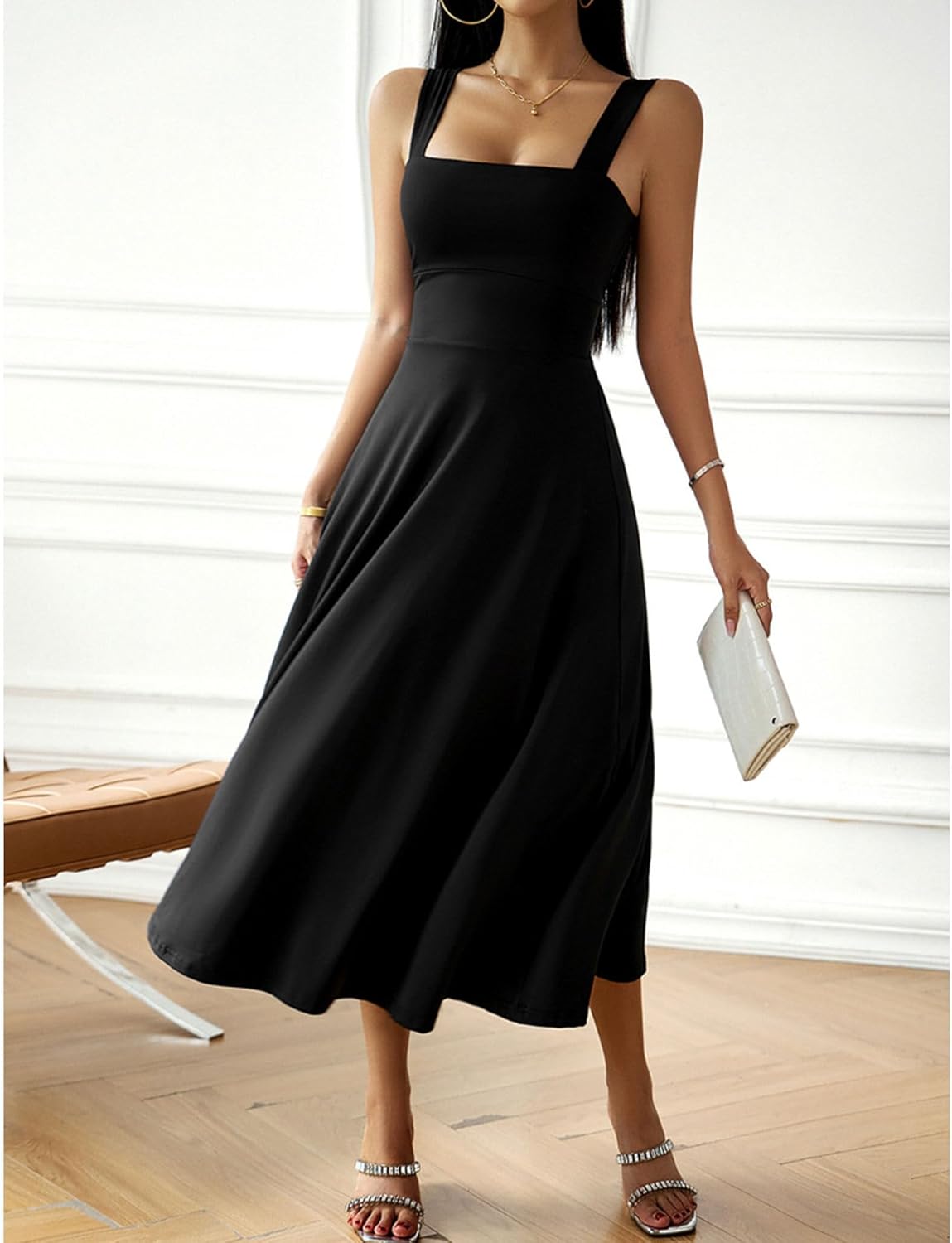 xxxiticat Women's Black Flowy Dress Sleeveless Square Neck Casual Boho Wedding Guest A Line Tiered Long Formal Dresses - Image 5