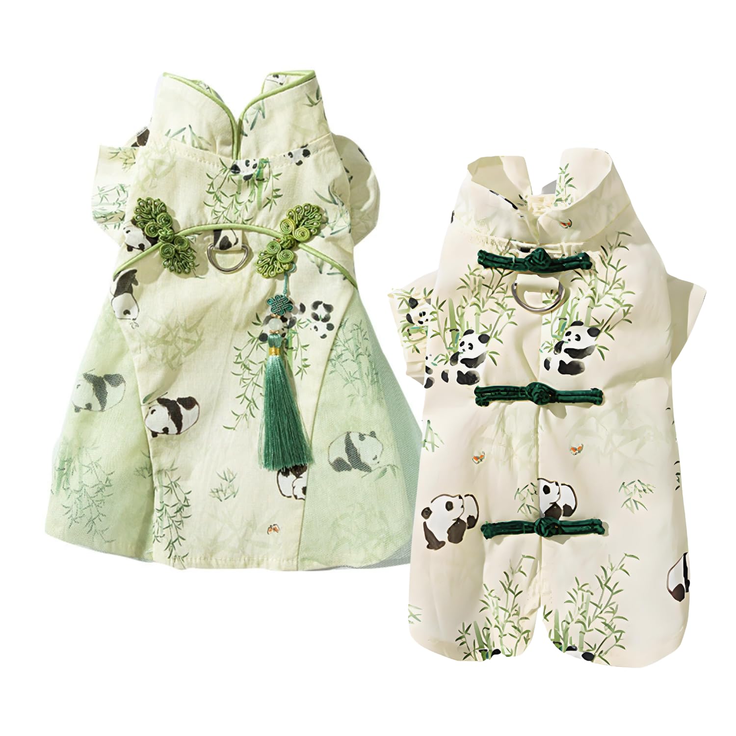 2PCS Panda and Bamboo Print Pet Outfit Set – Includes Female Dog Dress with Chinese Knot Tassel and Male Dog Shirt, Soft Cotton Pet Clothes with D-Ring for Small Dogs and Cats(2PCS A,Small)