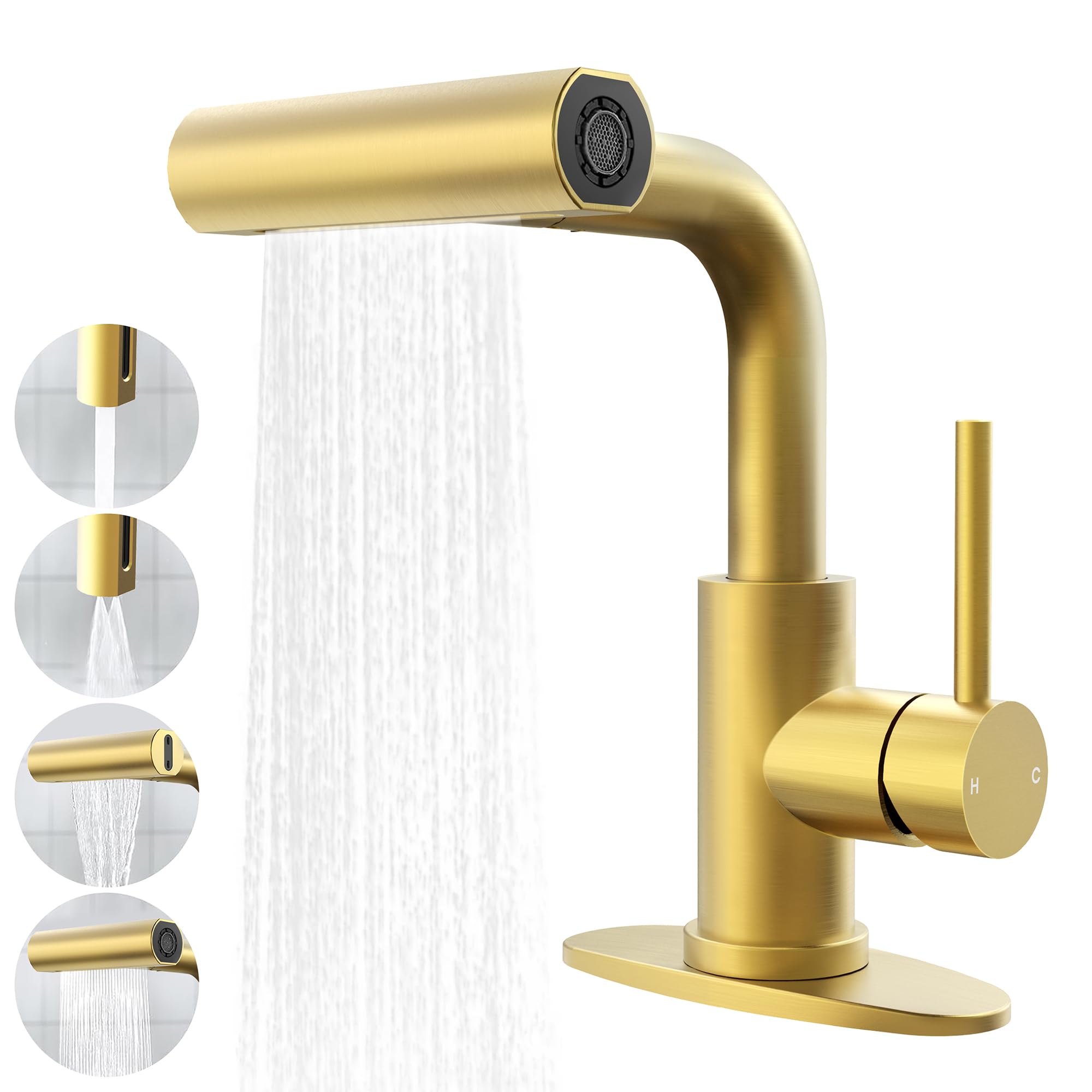 Gold Bathroom Faucet with Sprayer - Brushed Gold Bathroom Faucets for Sink 1 Hole or 3 Holes 4