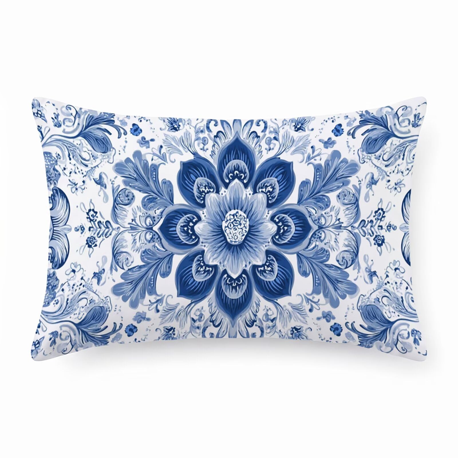 Coussin exterieur blanc et bleu 50 x 100 en velours pour salon