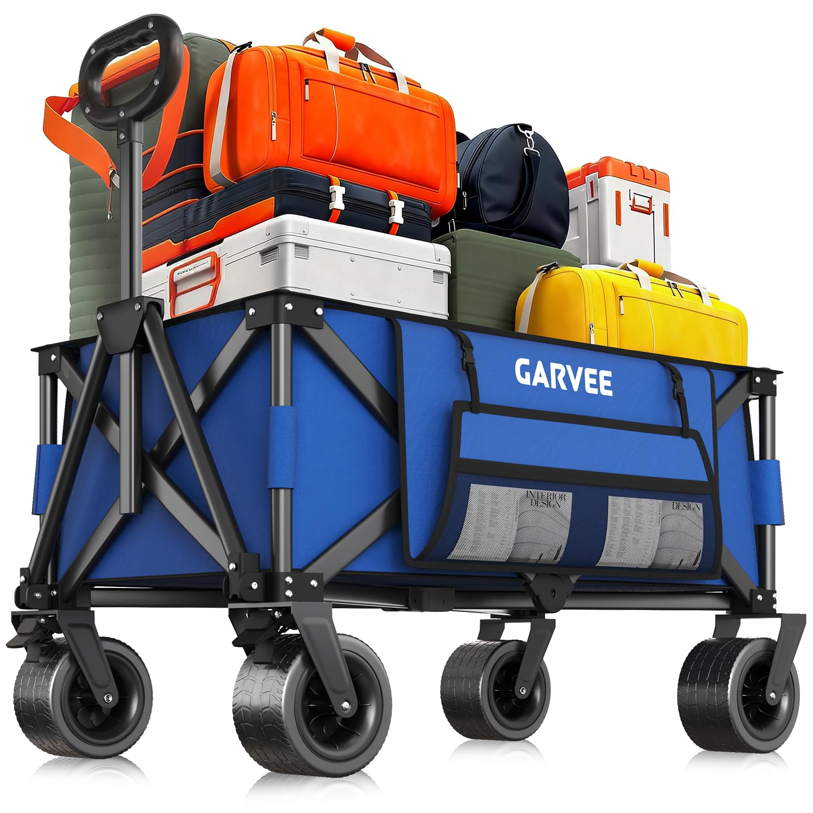 Carrello Pieghevole Spiaggia Grande Capacità Carrello Nero Ruote 8 Pollici Tutto Terreno con Tasche Laterali e Cordini Elastici Fissatori, Trolley per Il Campeggio