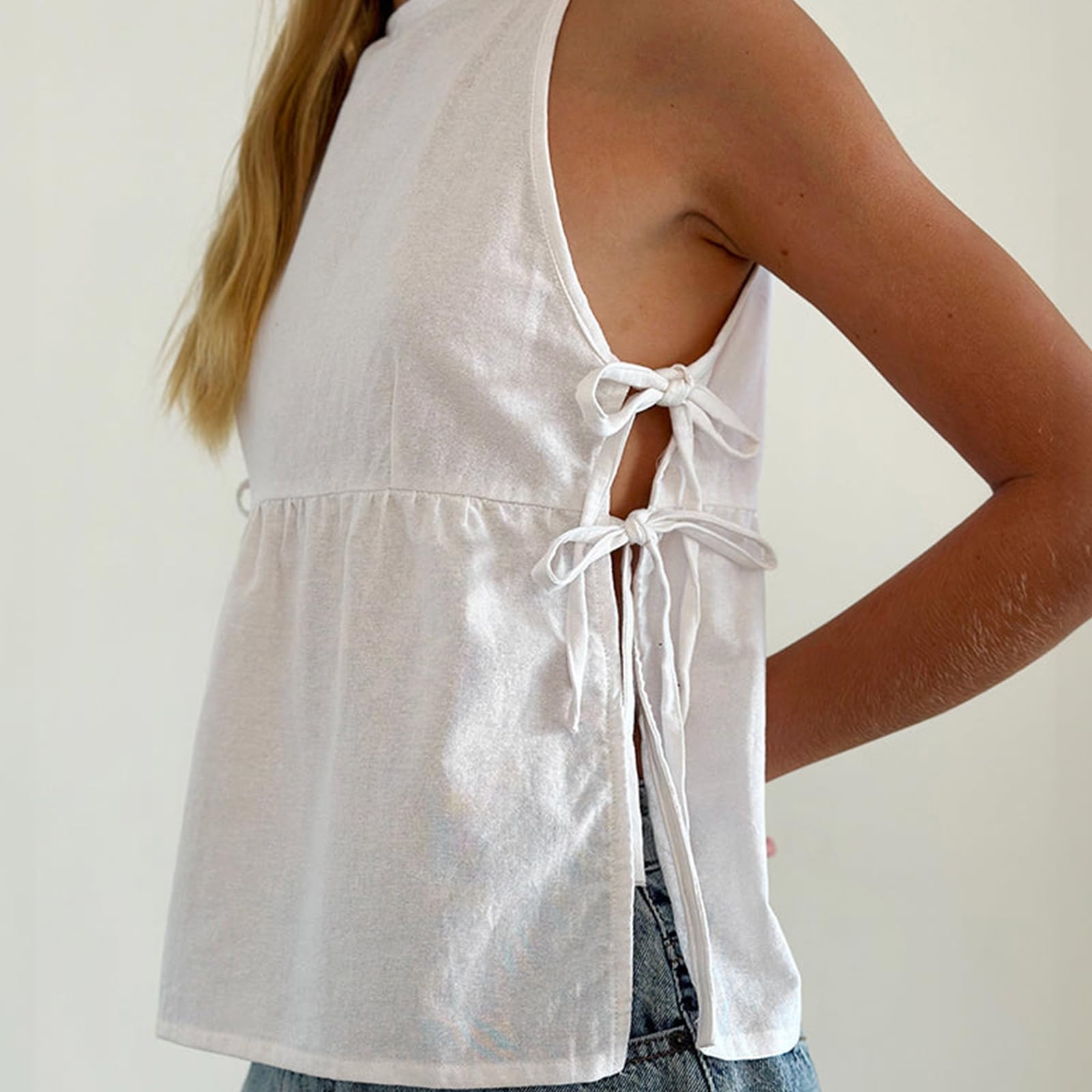 Sexy outfit Damska koszulka typu babydoll z wiązaniem na boku bez rękawów Vintage bez rękawów paski spaghetti koszula z peplum lato wyjściowa odzież typu streetwear top