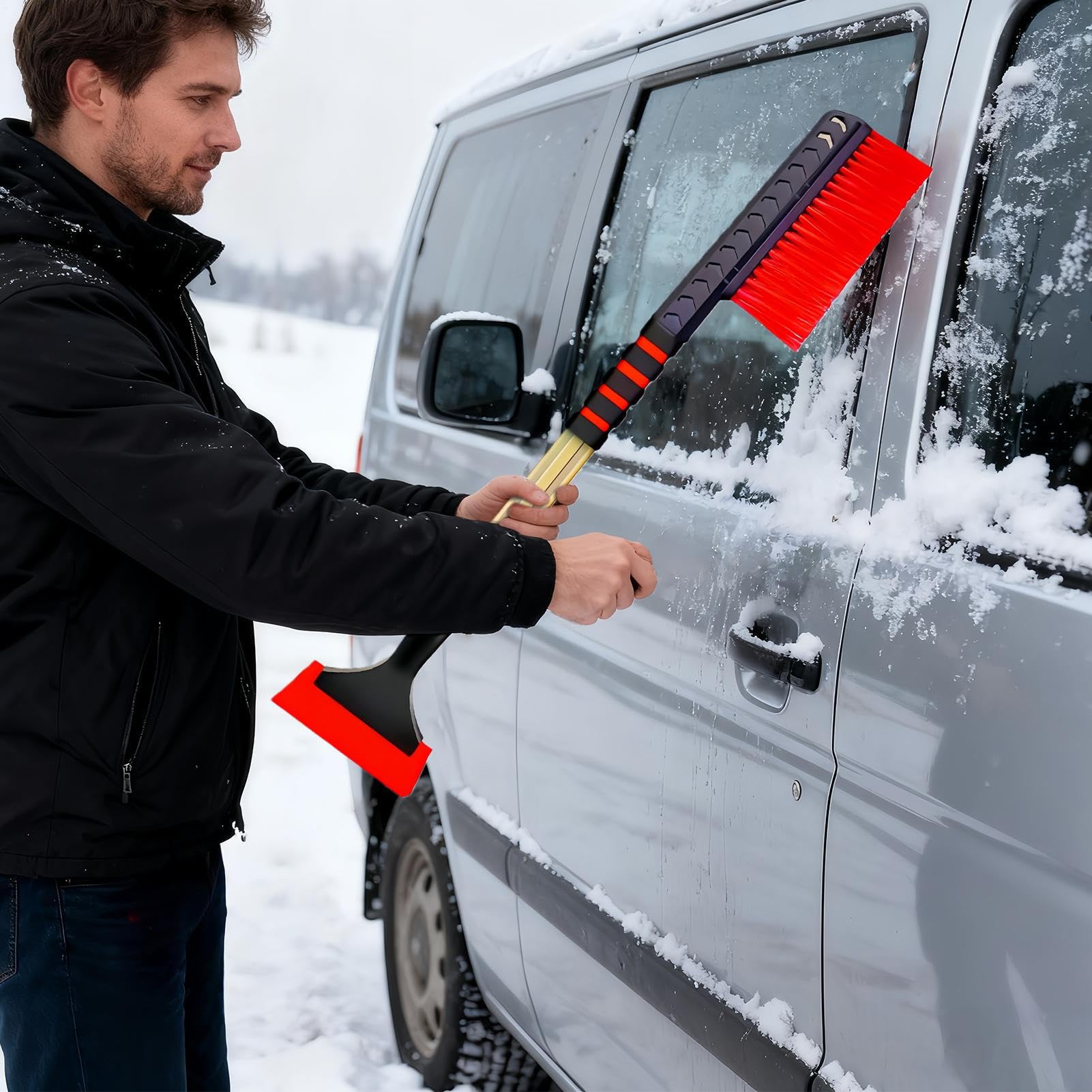 Spazzola per Neve Impugnatura Ergonomica in Schiuma A Doppia Testa | Raschiatori Per Ghiaccio Telescopici Per Parabrezza Auto Per Parabrezza SUV Camion Sedan RV Clima Freddo Pulizia Detailing