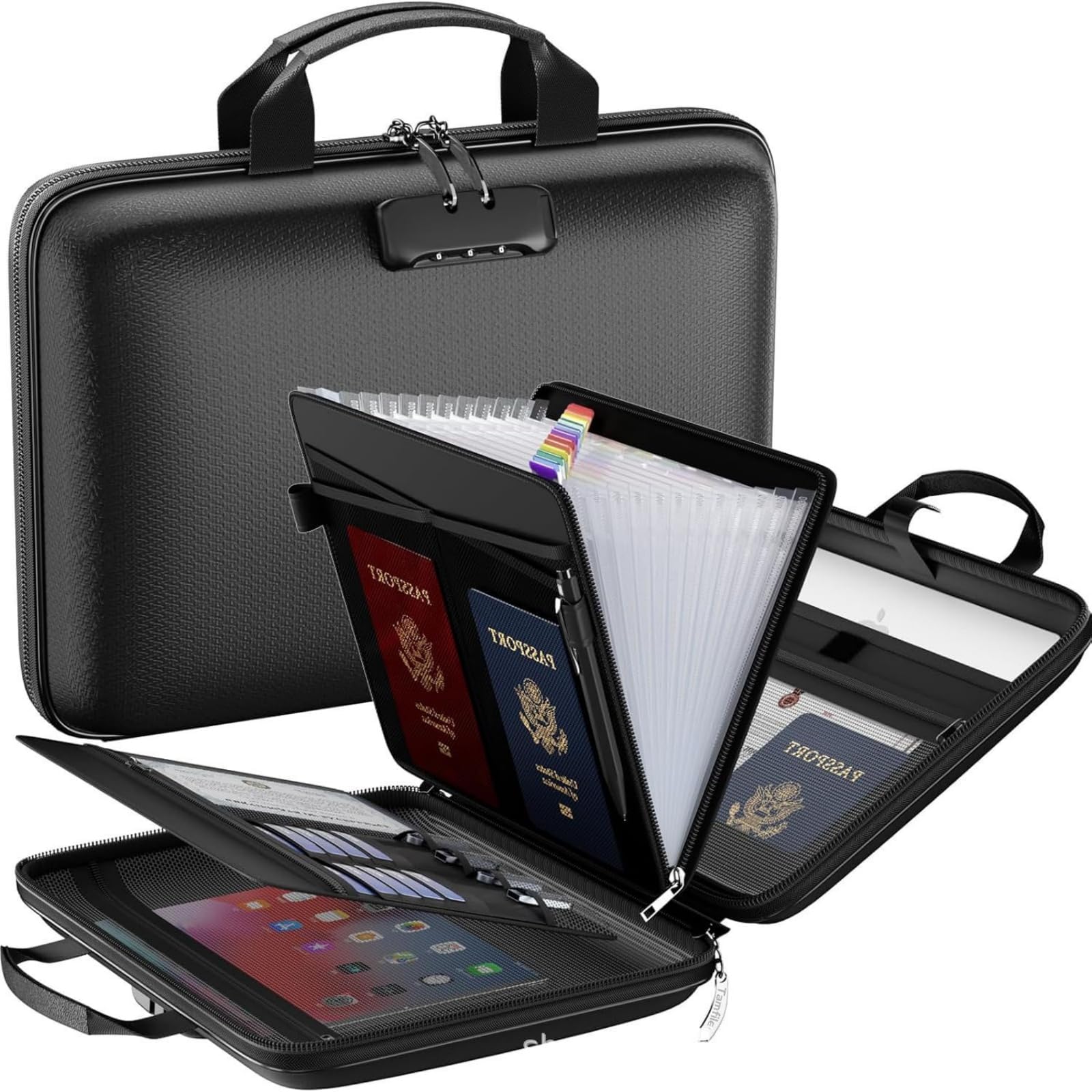 Fireproof File Organizer with Lock, 13 Pockets Hard Shell File Document Case, Water-Resistant for Important Documents, Laptop, Passports, Home & Office Use (Black)