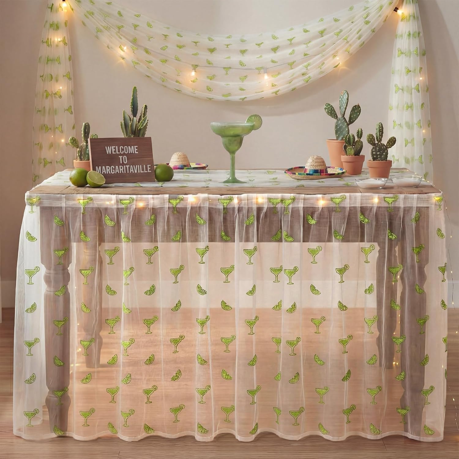 4 Pcs Margarita Table Runners 29 x 70 Inch Glitter Green Margarita Tulle Lace Table Runners for Margs and Matrimony Bachelorette Bridal Shower Cocktail Wedding Birthday Party Home Decor