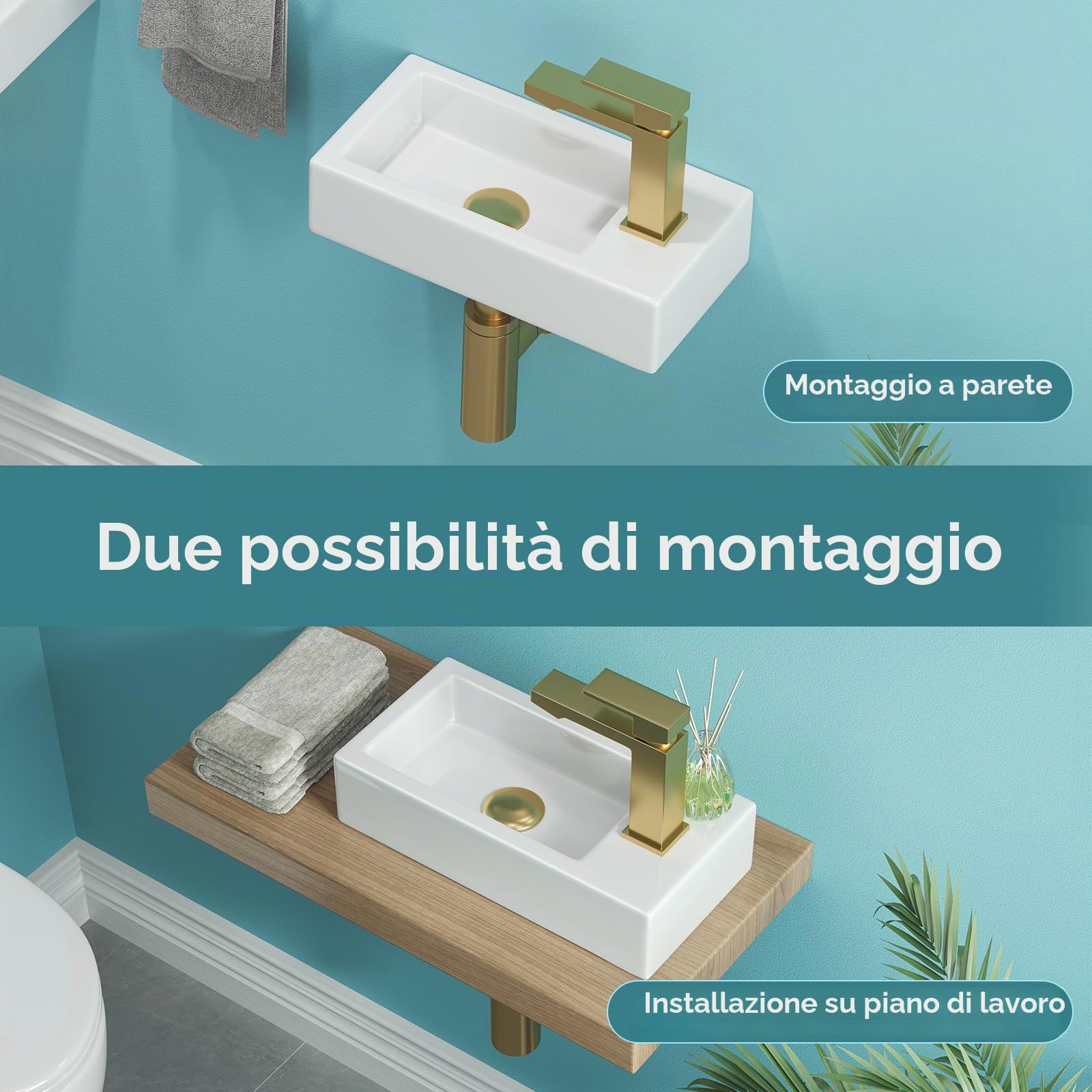 Teal Home Lavabo, lavabo piccolo, lavabo per ospiti, bagno, mini lavabo in ceramica, foro per rubinetto destro, Senza valvola di scarico pop-up, 37 x 18,5 x 9 cm | Lavabo sospeso da bagno, mini lavandino in ceramica, lavello da appoggio, bianco, 37 x 18,5