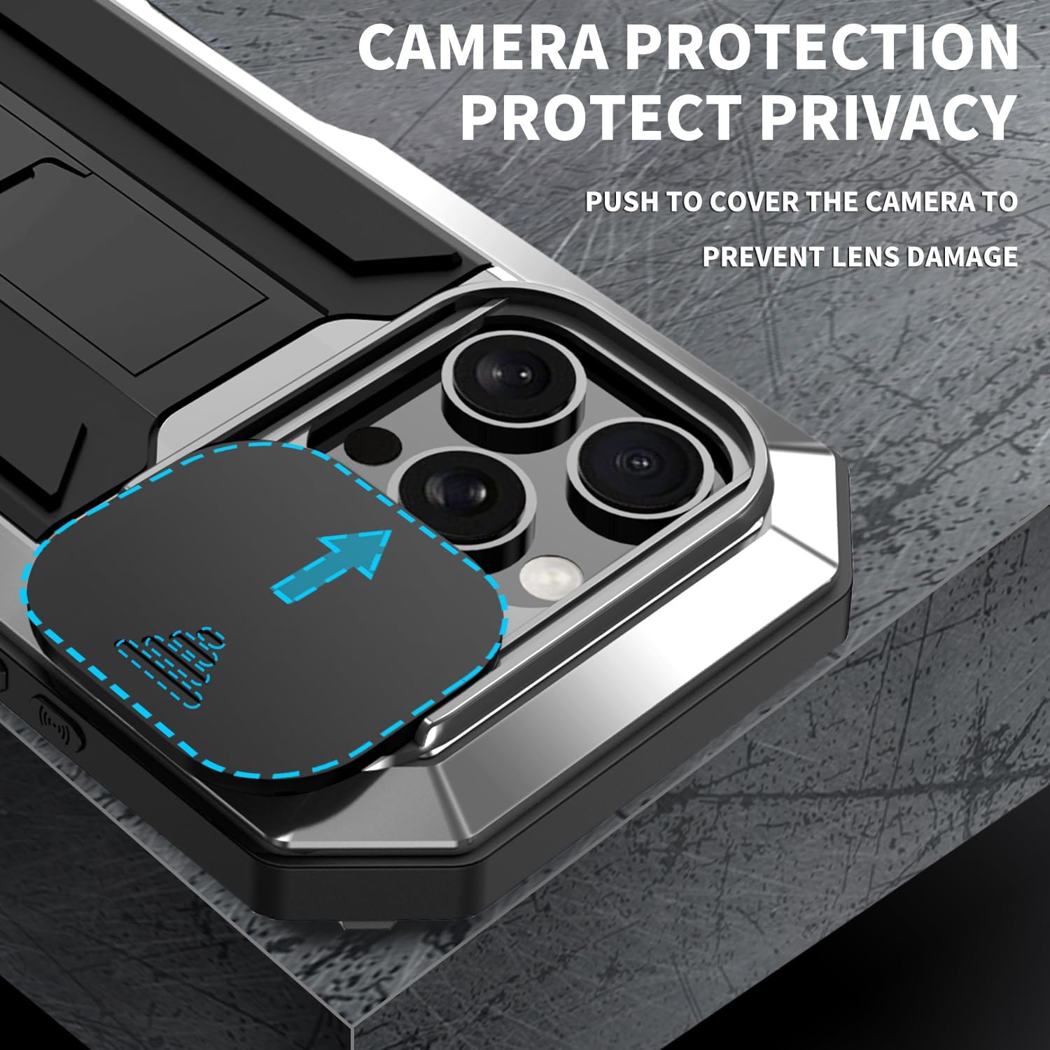 Compatible With iPhone 16 Pro Max Metal Heavy Duty Case with Camera Cover Stand Screen Protector Kickstand Full Body Military Sturdy Armour Armor Shockproof Dorp Test Protective Case (Silver)