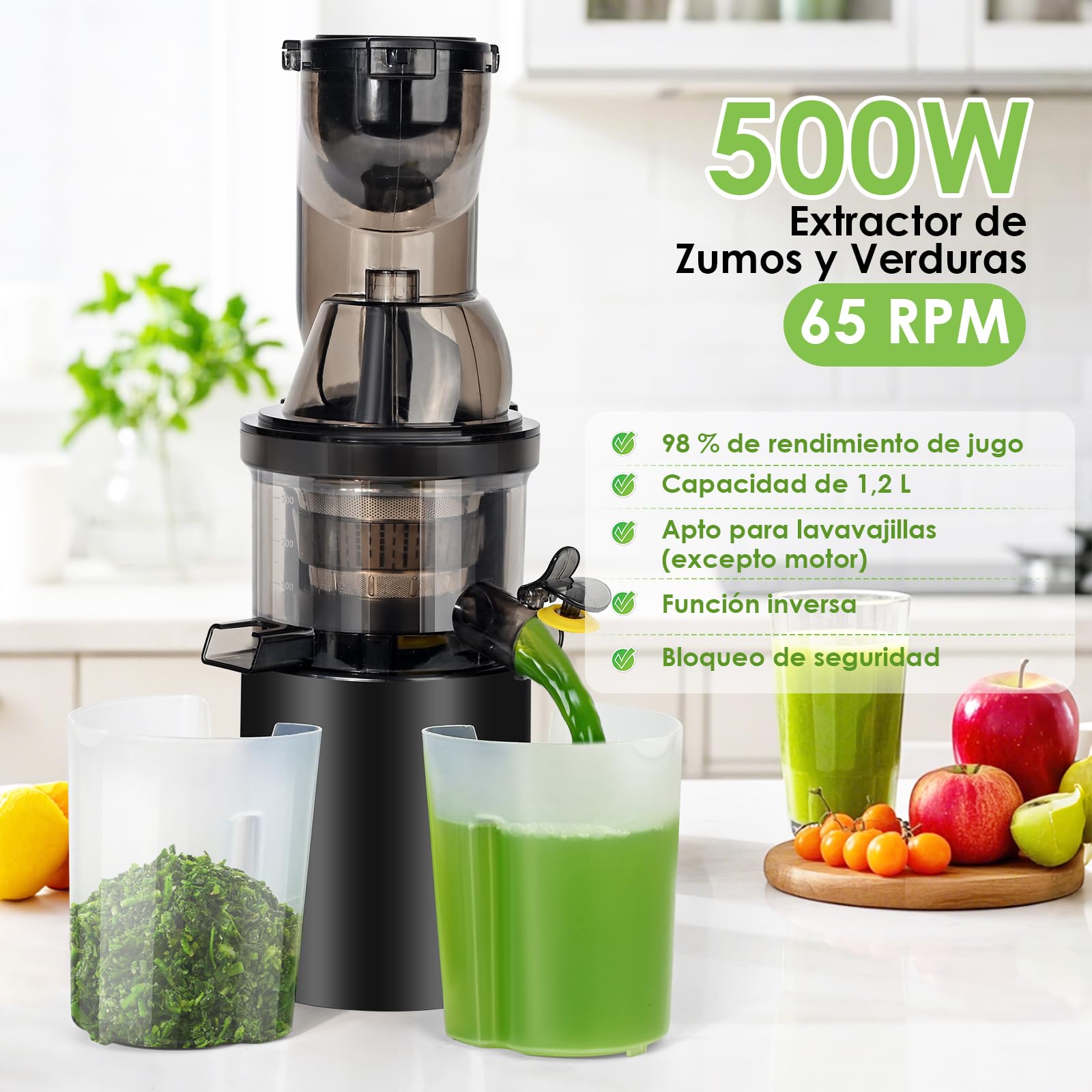 Dreamhigh® 550W Extractor de Zumos y Verduras, Licuadora Prensado en Frio con Función de Reversa, Juicer Machine 100% Libre de BPA, Apertura De 82MM, 98% de rendimiento de zumo, apto para lavavajillas