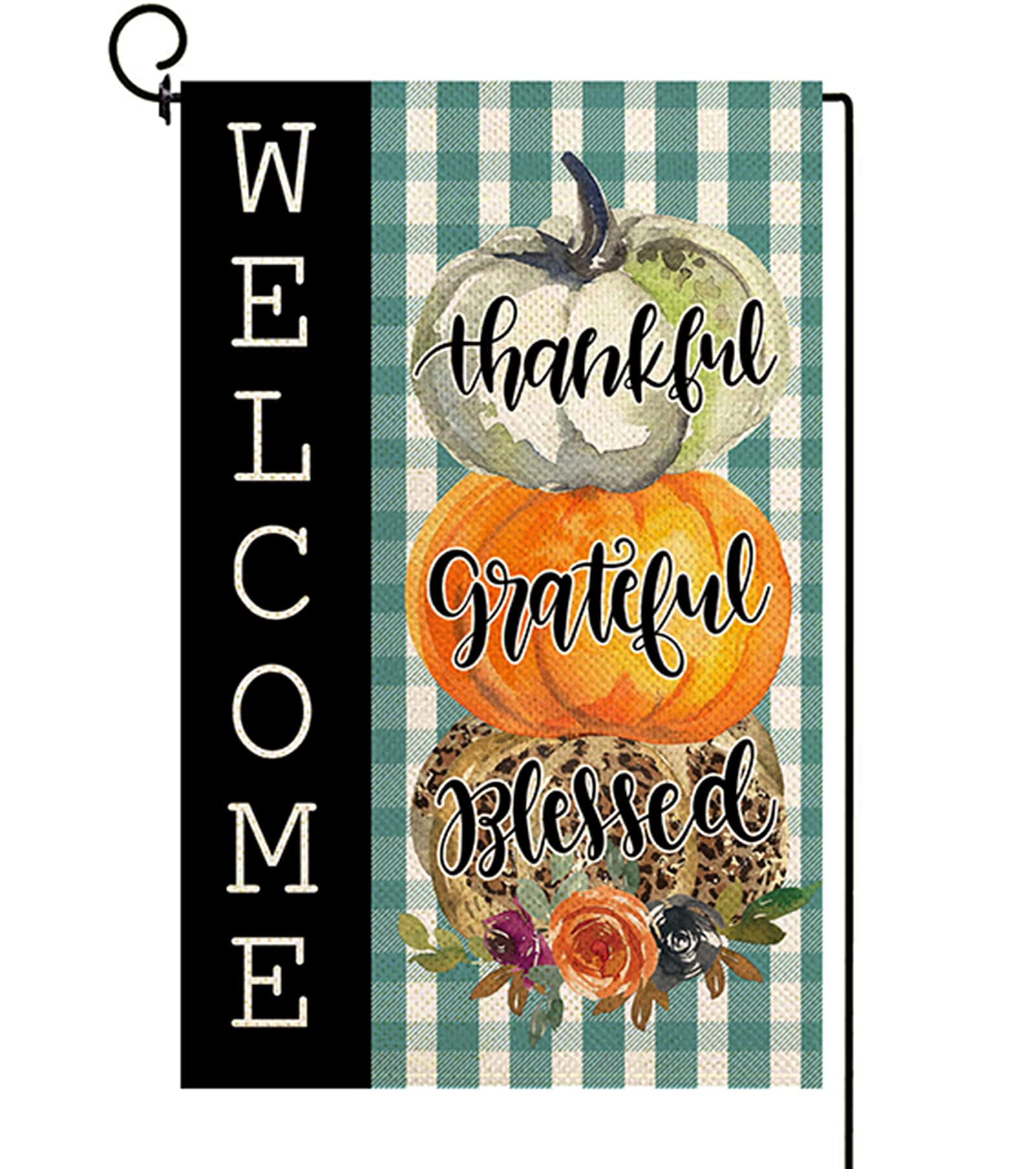 Baccessor Fall Welcome House Flag Double Sided Green Buffalo Plaid Thankful Grateful Blessed Pumpkins Thanksgiving Yard Flag Outdoor Outside Yard Lawn Decoration 28x40 Inch