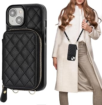 Bocasal Crossbody Wallet Case Card Holder for iPhone 15, Black