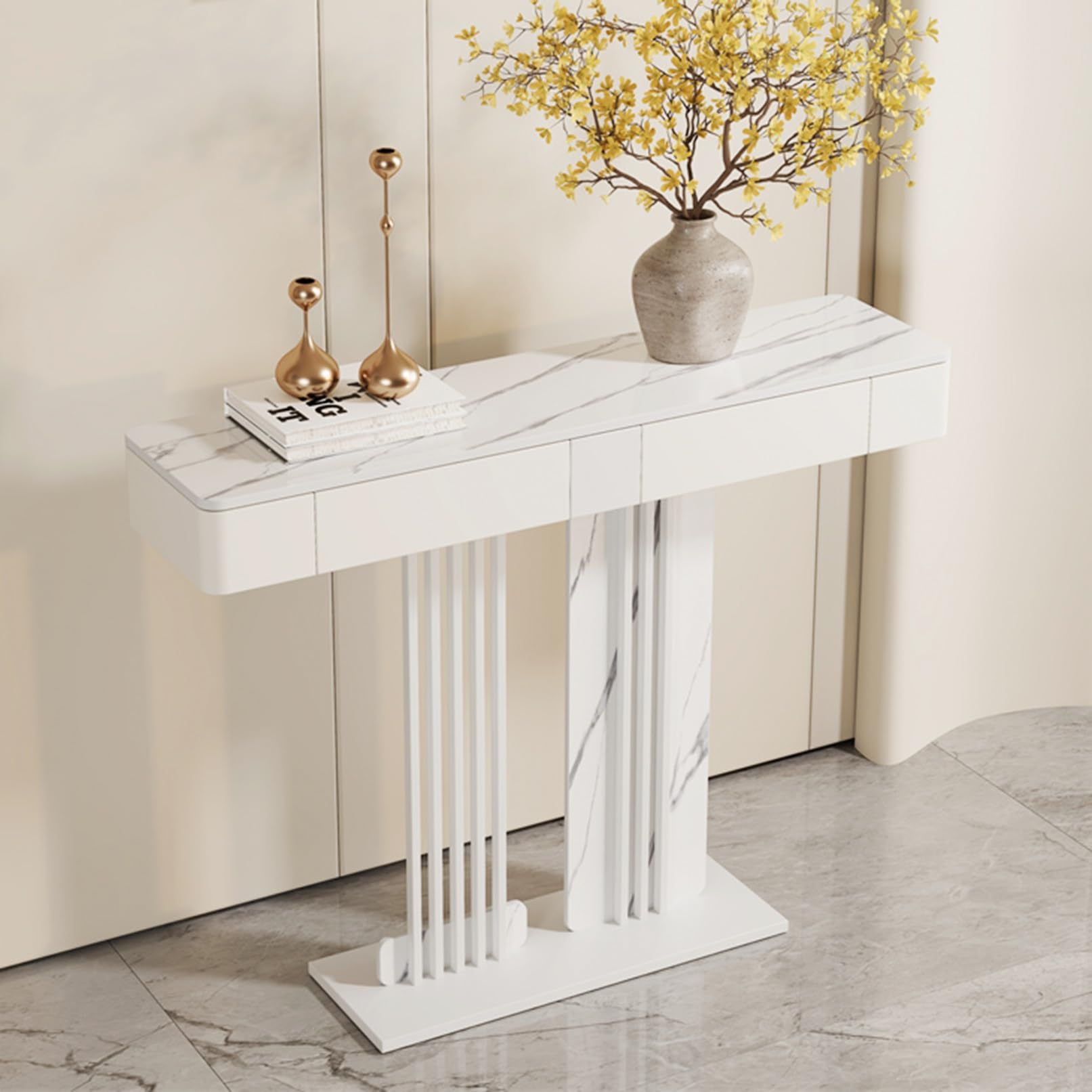 SXZenSpace Sleek Narrow Entryway Console Table Long Metal Sofa Side Stand with Storage Shelf for Hallway Living Room & Foyer (White Grey 140cm)