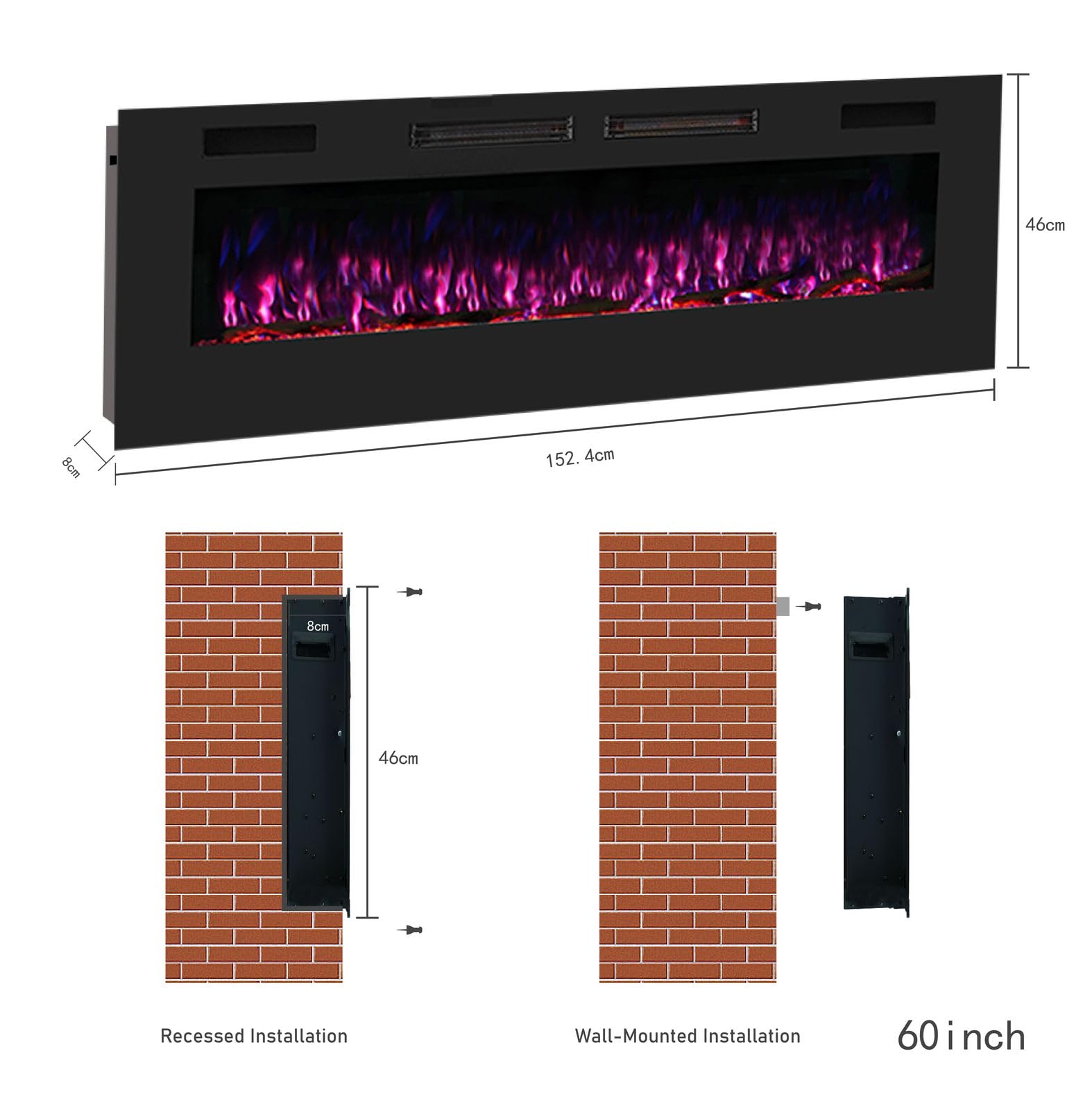 Mystflame Crystal 60 - Caminetto Elettrico da Parete con Wi-Fi, 152 cm, Ultra Sottile 8 cm, 12 Colori Fiamma, Termostato 750/1500W, Comoda Stufa Riscaldante, Touch Screen e Timer