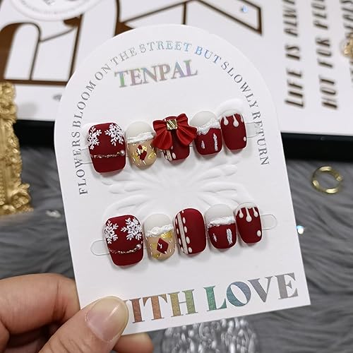 TENPAL Handmade Squoval Press on Nails - Red Matte Christmas