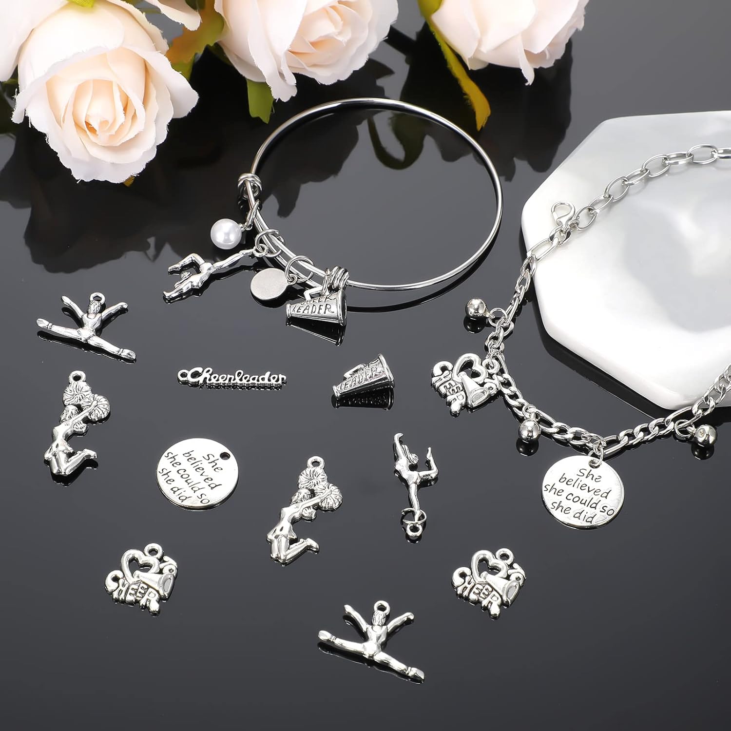 Yinkin 175 Pcs Cheerleader Charms Pendants Gymnastics Charm Sports with 200 Pcs Jump Rings for Crafting Jewelry Findings Making Accessory for DIY Necklace Bracelet - Image 5