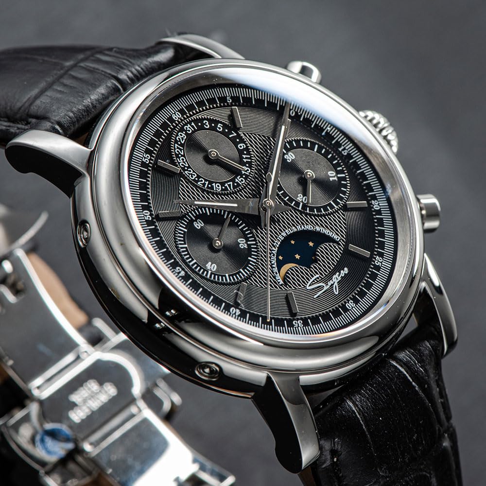 Seestern Sugess ST1908 Mechaniczny chronograf ze stali nierdzewnej czarny szafir data zegarek męski, Czarny, pasek