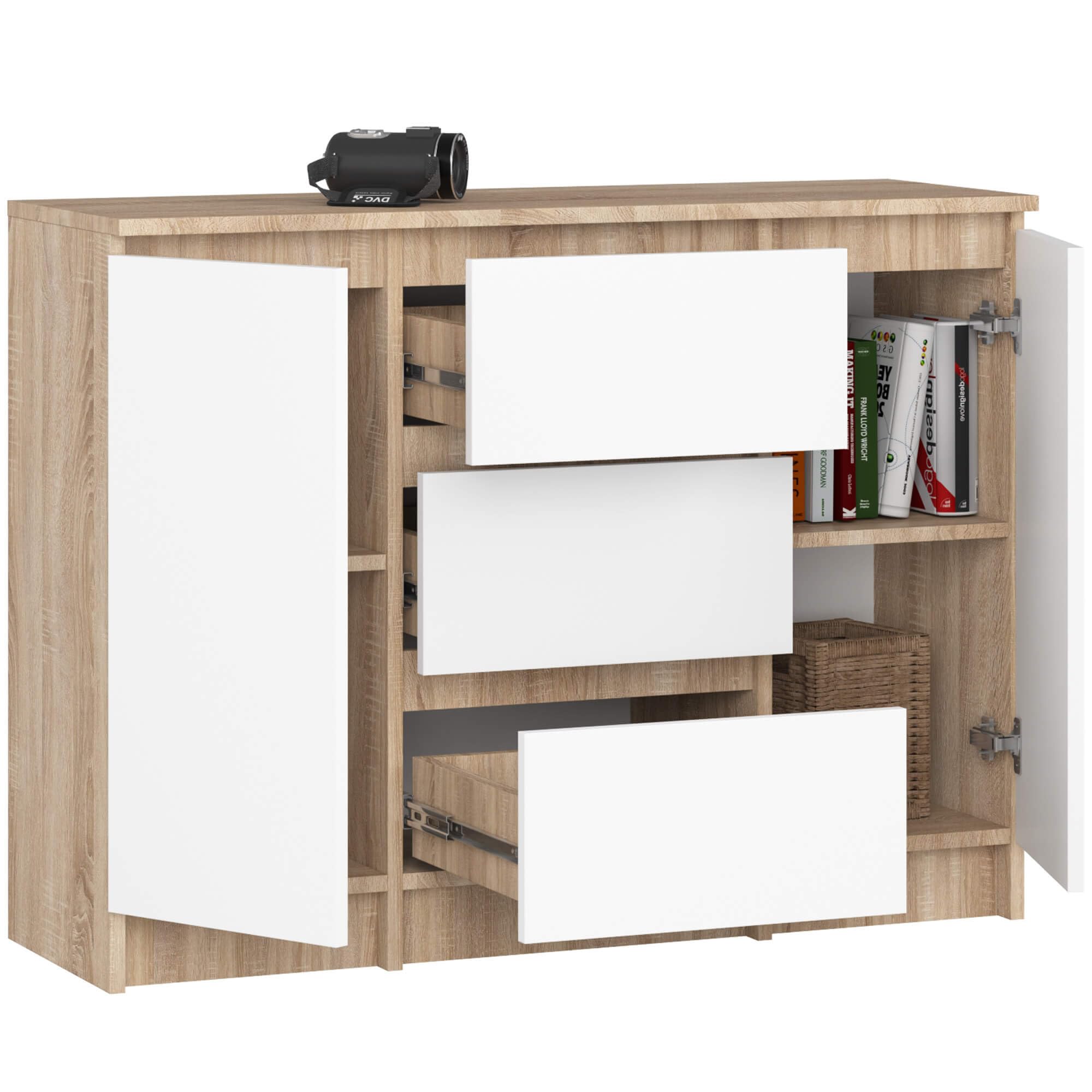 AKORD Kommode K100 mit 3 Schubladen, Schrank mit 2 Tür 4 Regalböden, Für das Wohnzimmer Schlafzimmer, Moderne, 16mm Laminierte Platte, B101xH76xT35 cm, Farbe Sonoma-Eiche & Weiß