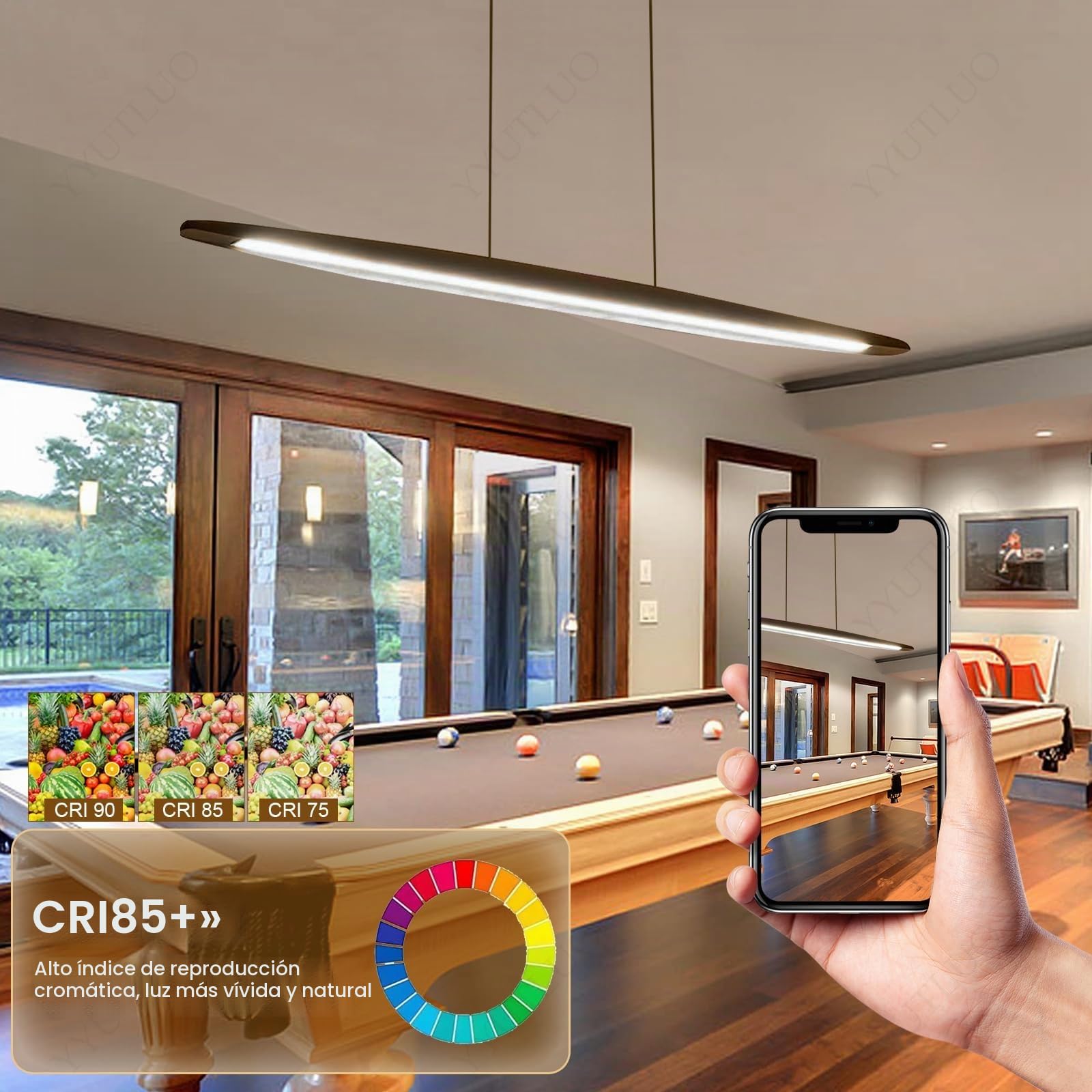 Lámpara Colgante De Madera LED, Lámpara Colgante Para Mesa Comedor, Marrón Regulable Con Control Remoto, Candelabro Altura Ajustable Diseño Lineal Moderno Candelabro Para (100cm)