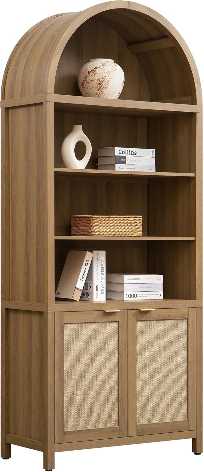SICOTAS Book Shelf Arched Cabinet Bookshelf Arch 84.2" Tall Bookcase 5 Tier Large Bookshelves with Doors Storage Rattan Boho Wide Book Shelves Case for Living Room Kitchen Office Bedroom Library
