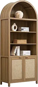 SICOTAS Book Shelf Arched Cabinet Bookshelf Arch 84.2" Tall Bookcase 5 Tier Large Bookshelves with Doors Storage Rattan Boho Wide Book Shelves Case for Living Room Kitchen Office Bedroom Library