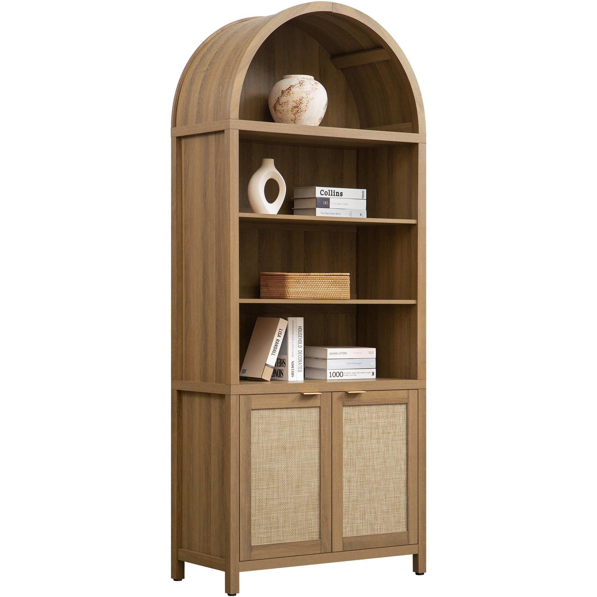 SICOTAS Book Shelf Arched Cabinet Bookshelf Arch 84.2" Tall Bookcase Wood 5 Tier Large Bookshelves with Doors Storage Rattan Boho Wide Book Shelves for Living Room (Reclaimed Caramel Oak, 1 Piece) Reclaimed Caramel Oak 1 Piece
