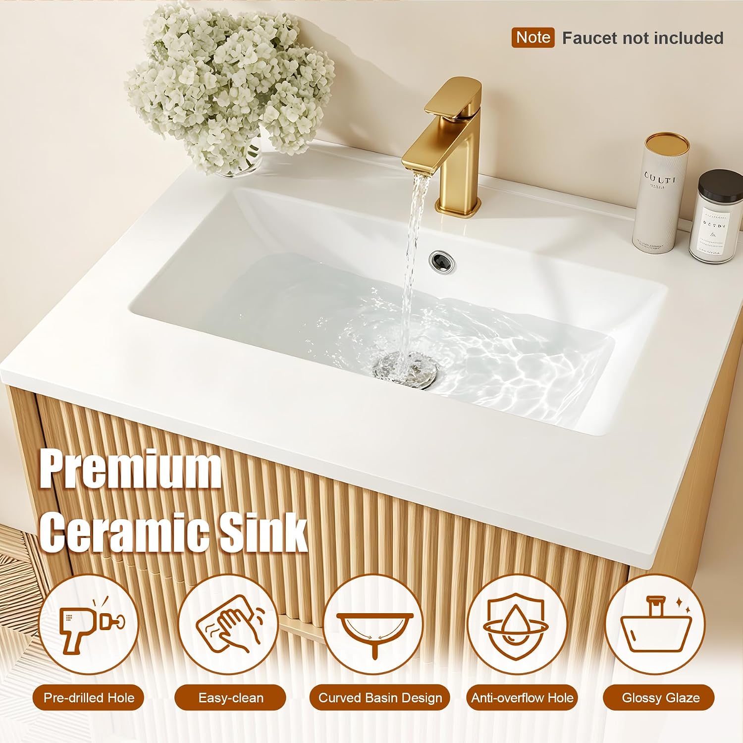 24 Inch Bathroom Vanity with Sink, Floating Wall Mounted Vanity Cabinet, Ceramic Sink with Storage Drawers, Modern Space-Saving Design for Bathrooms, Natural Wood