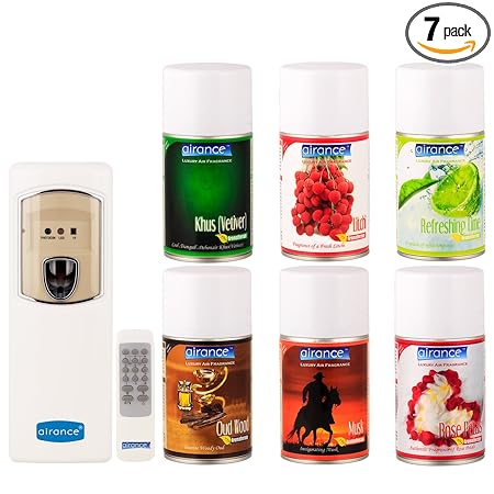 Airance Automatic Room Freshner Spray / Air Freshener Machine / Perfume Fragrance Aroma Aerosol Dispenser with Remote & 6 Refills - Khus(Vetiver), Litchi, Refreshing Lime, Oud Wood, Musk & Rose Petals - 250 ML