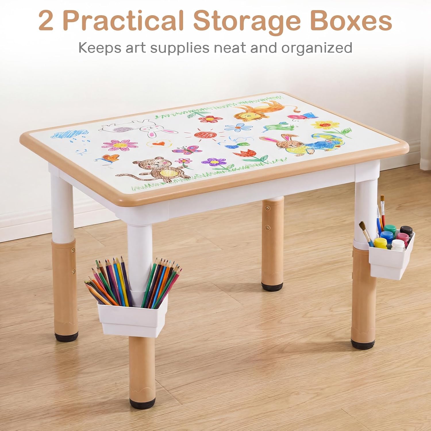 Olakids Kids Table and Chair Set, Height Adjustable Children Activity Desk with Graffiti Desktop 2 Storage Boxes (Natural)