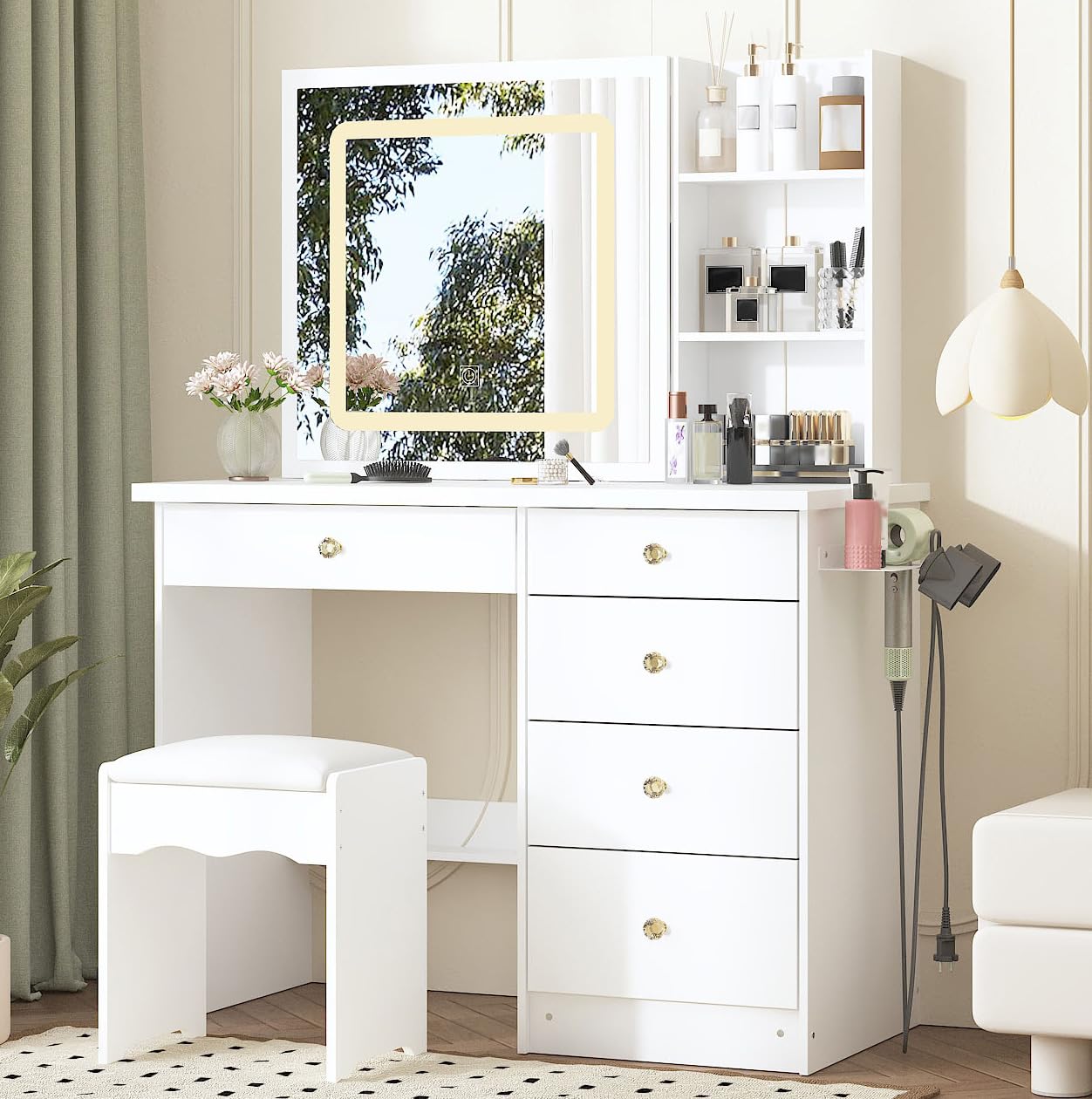 Timechee Makeup Vanity Desk with Mirror and Lights, Vanity with Chair, Sockets, Storage Drawers, Shelves & Cushion Stool, Make up Table for Dressing Room, Bedroom, White(39.4