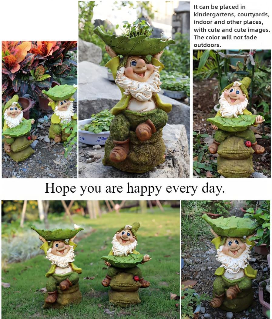 Garden Gnome with Bird Feeder and Planter Bowl, Resin Lawn Ornament Statue, Outdoor Yard Decoration for Attracting Small Birds and Growing Plants(Hold-Up Leaf Feeder)