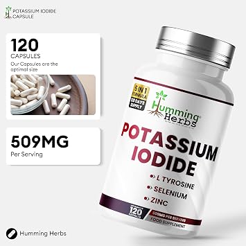 Humming Herbs Potassium Iodide Complex with L-Tyrosine, Selenium, Zinc & Vitamin D3 – 120 Vegan Capsules – 120 Days Supply