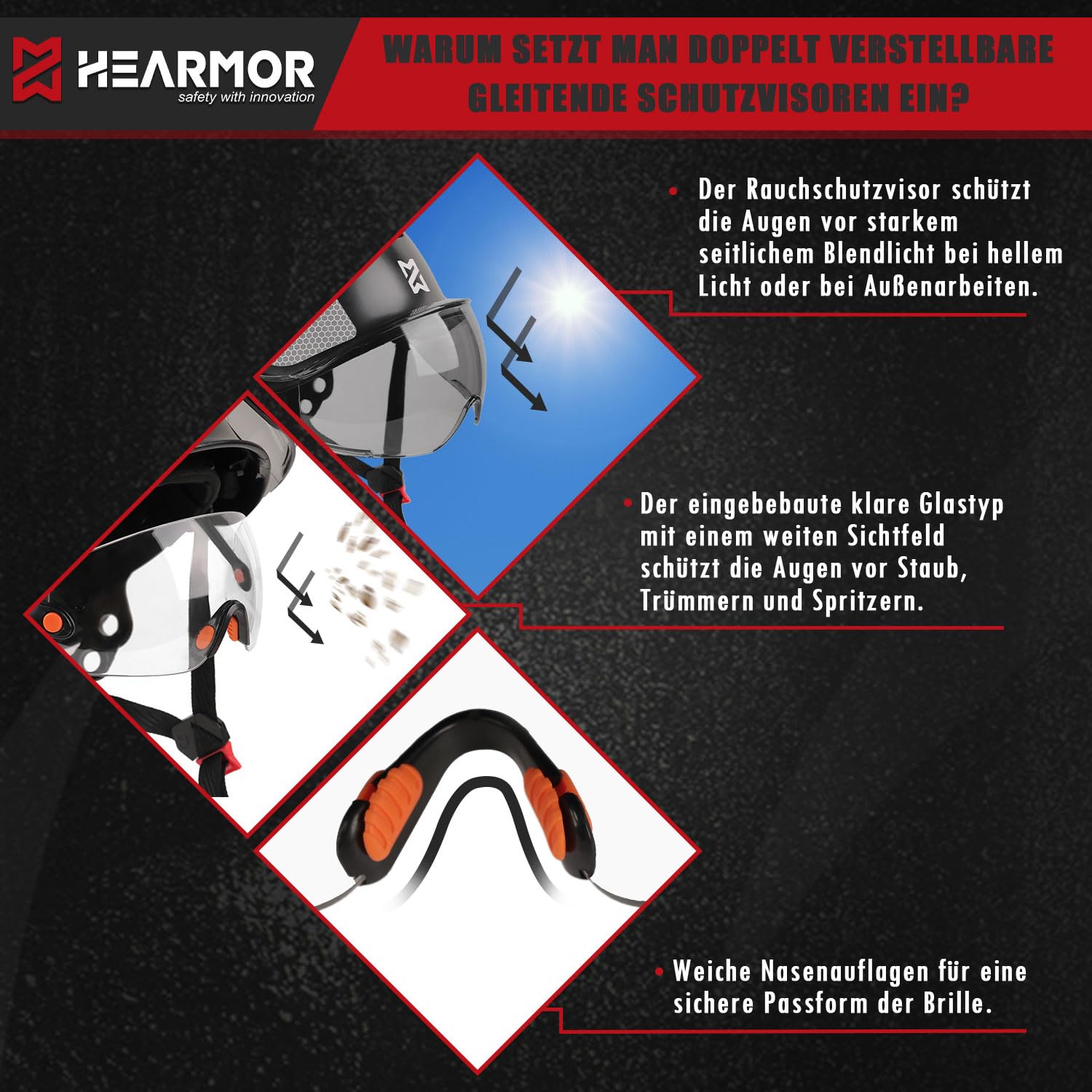 HEARMOR Sicherheitshelm EN397 Geprüft Hochfestes ABS-Material, Doppelvisier für schnelle Hell/Dunkel-Szenenwechsel, Leicht Ideal für Industrie, Baugewerbe Arbeitshelm, Schutzausrüstung