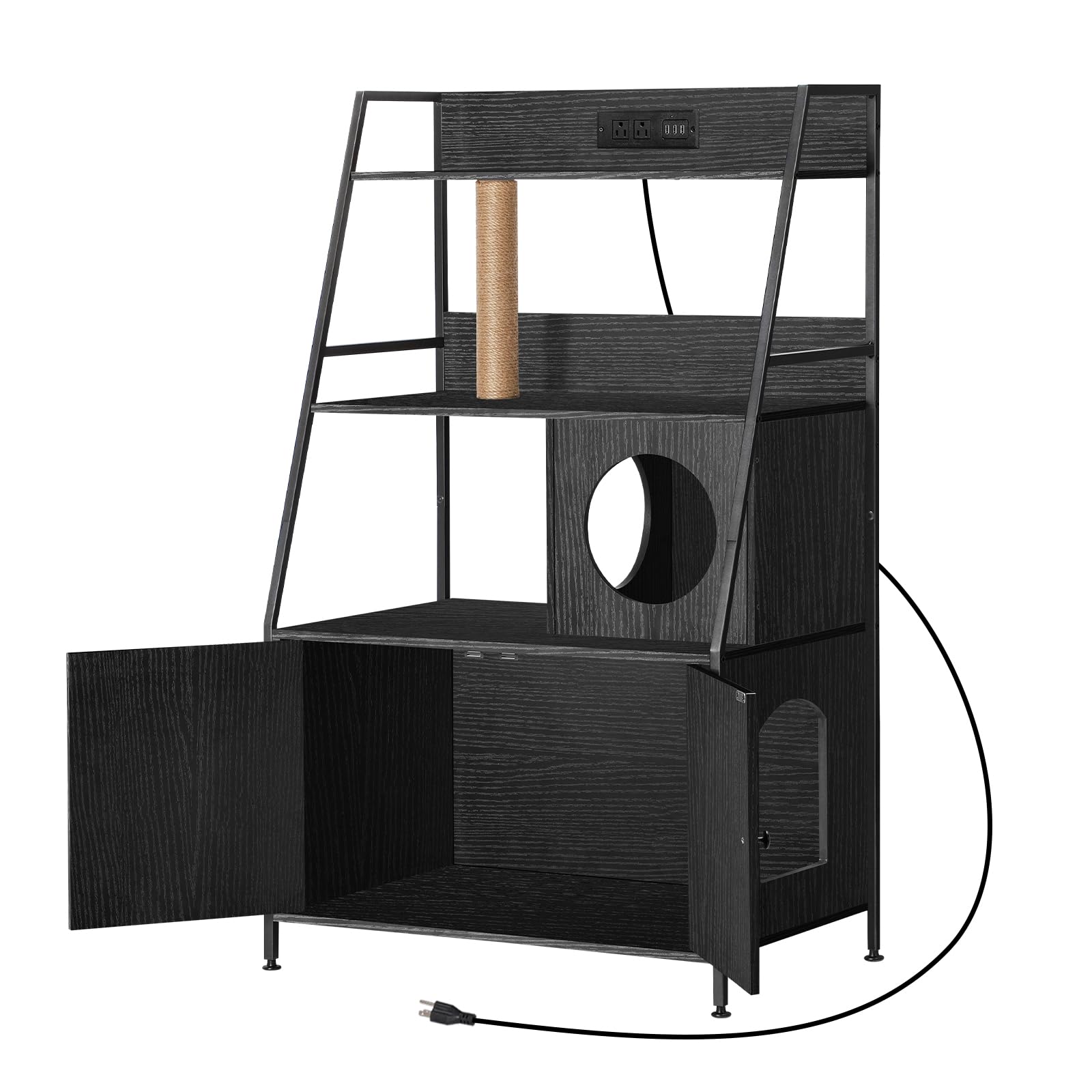 melos Cat Litter Box Enclosure with 2 Storage Shelves, Hidden Litter Box, Cat Litter Box Enclosure Furniture with Charging Station, Cat Washroom with Cat Tower, End Table for Living Room Black
