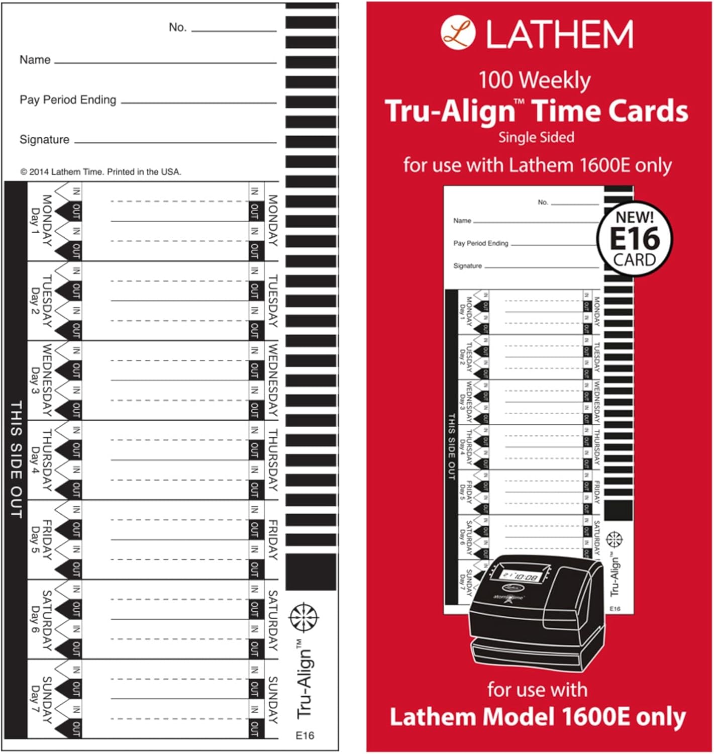 Lathem TruAlign E16 Time Cards for 1600E, Weekly, 1Sided