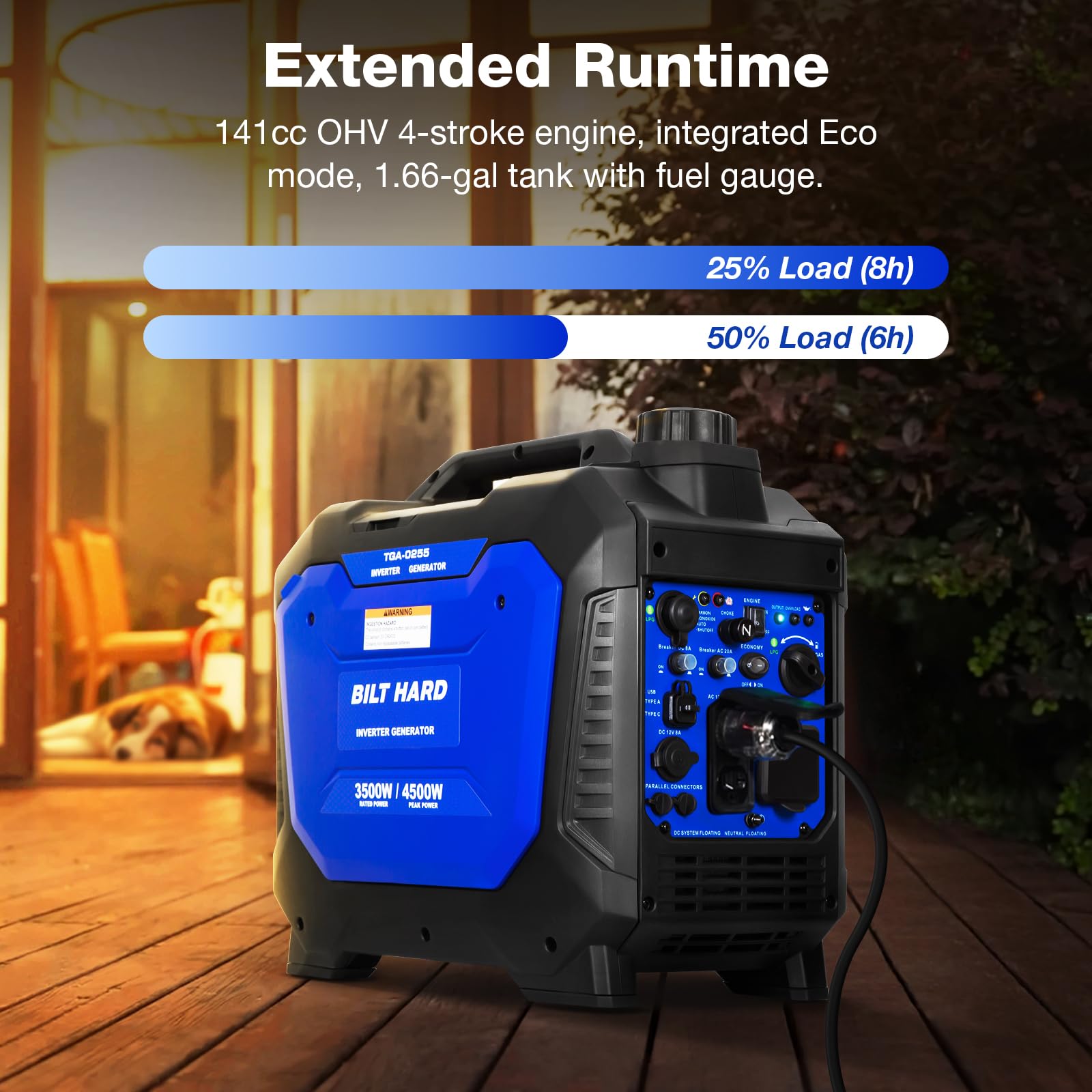 BILT HARD Generador portátil de combustible doble a gas y propano de 4500W, generador alimentado por gas y propano con sensor de CO, listo para autocaravana, capaz de funcionamiento en paralelo 3