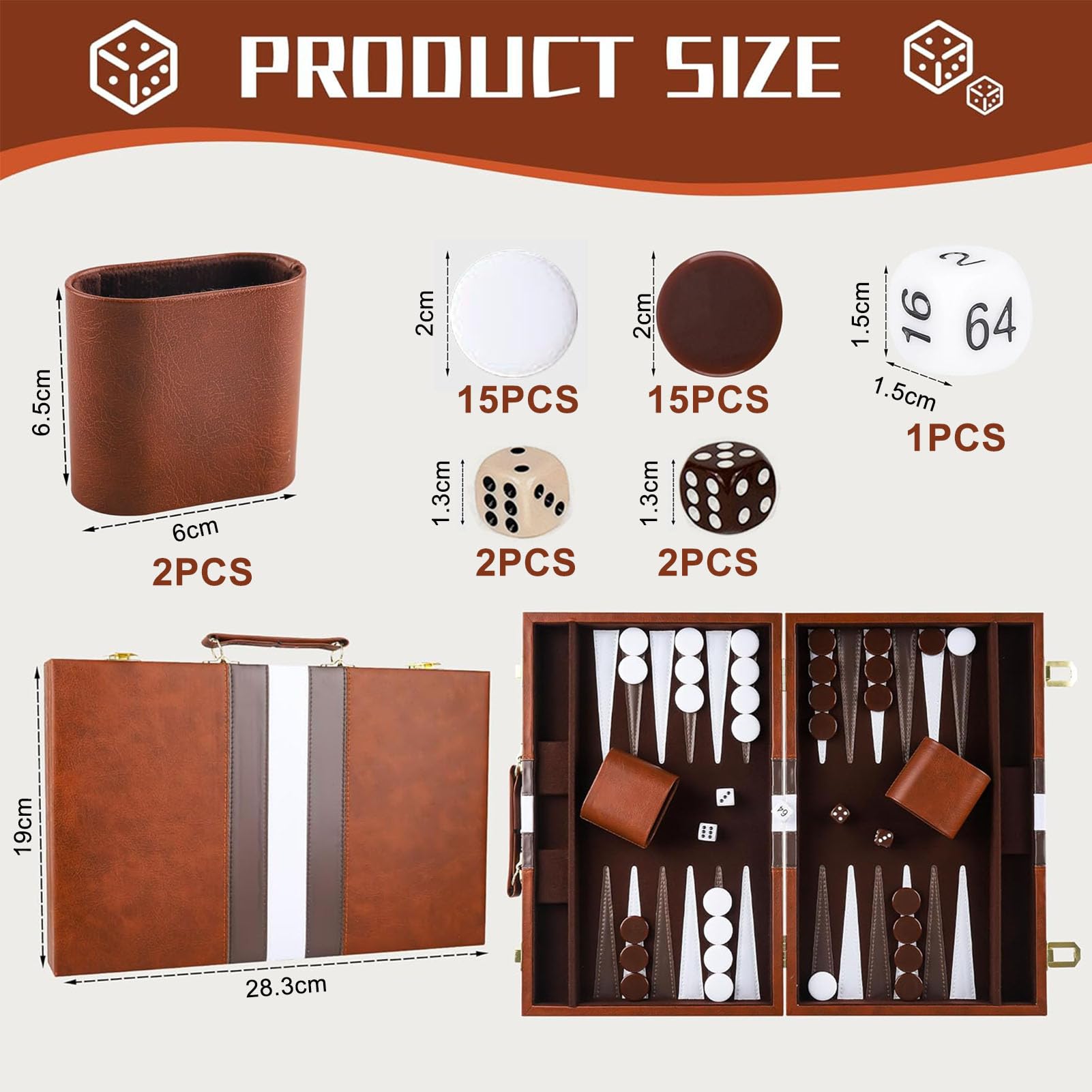 Caja de Backgammon de Madera, Juego de Backgammon de Viaje clásico para 2 Jugadores con Estuche de Cuero cubilete para campistas y viajeros.