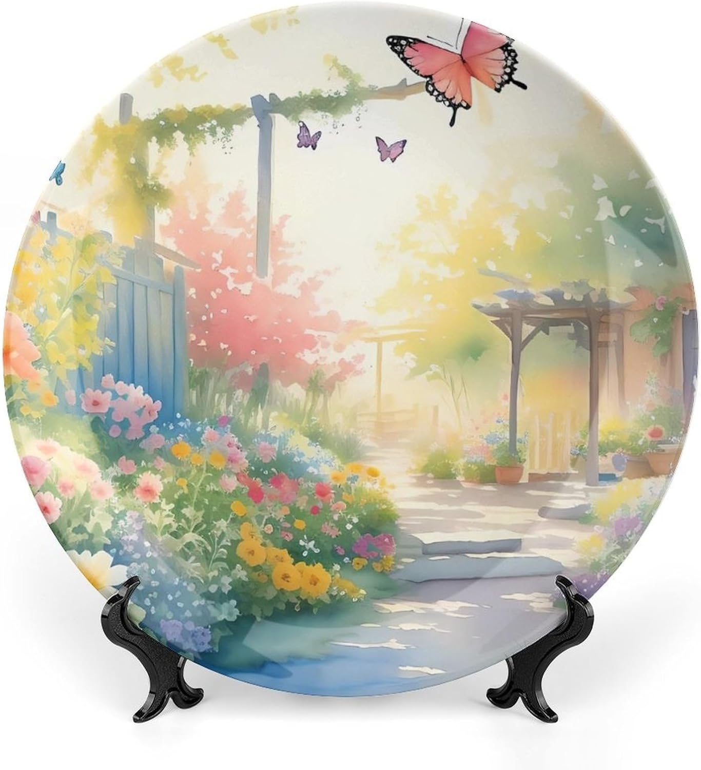 Summer Decorative Plates, Boho Flower Garden Butterflies in Summer Display Plate for Home Office Kitchen Table Decor, Porcelain Plates Ornament 8 Inch, Summer Seasonal Decor Supplies
