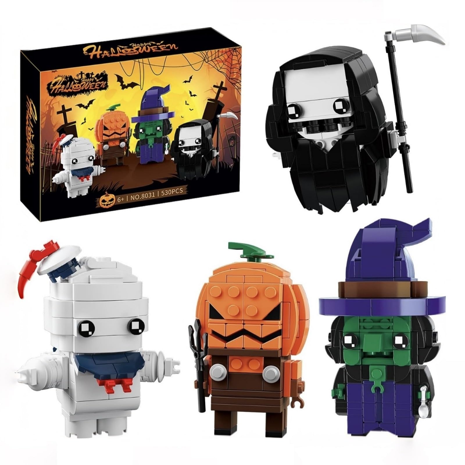 RUVARA Horror Figure Building Set, Halloween Ghost, Jack-O'-Lantern, Wicked Witch & Grim Reaper Building Blocks Compatible with Lego, Home Decor Toy for Adults Teens (530 PCS)