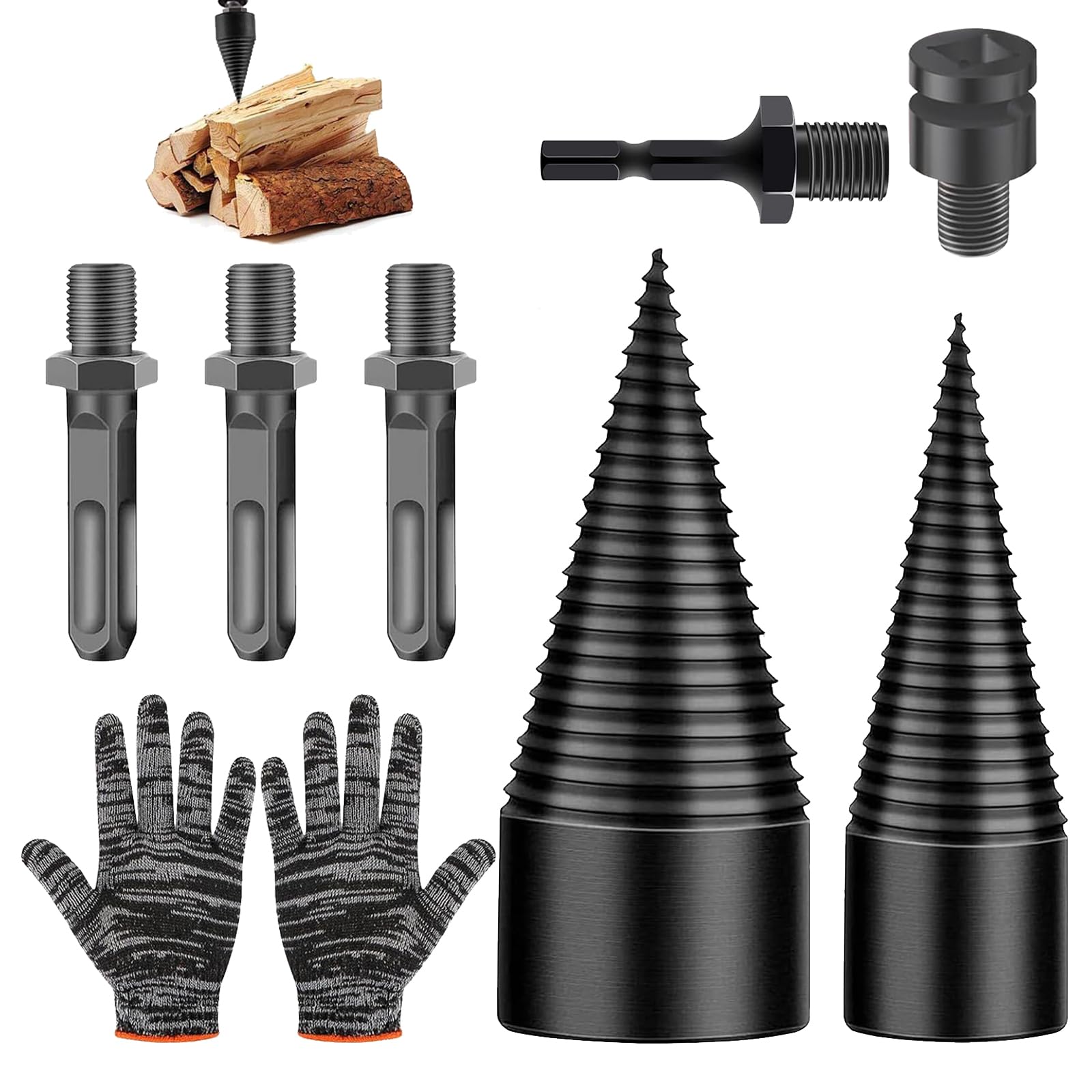 32+42 Mm Astilladora de Troncos Broca Cónica,Divisor de Leña,Madera Dividida Divisor para Taladro con 5 Mangos y un par de Guantes