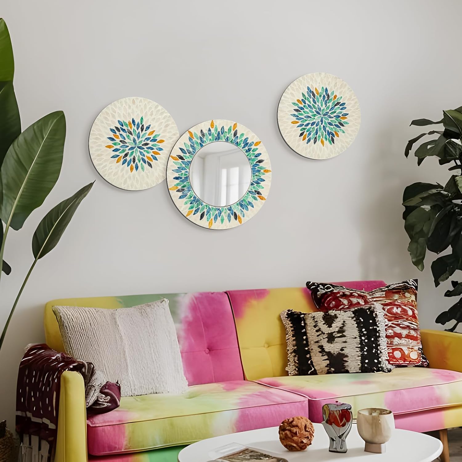 Jewel-Tone Mother of Pearl Mirror Wall Decor for Living Room, 3PCS Handmade Round Wall Art for Home Guest Room Decoration, Unique Mosaic Art Gift for Birthday Wedding Housewarming (Colored) - Image 4