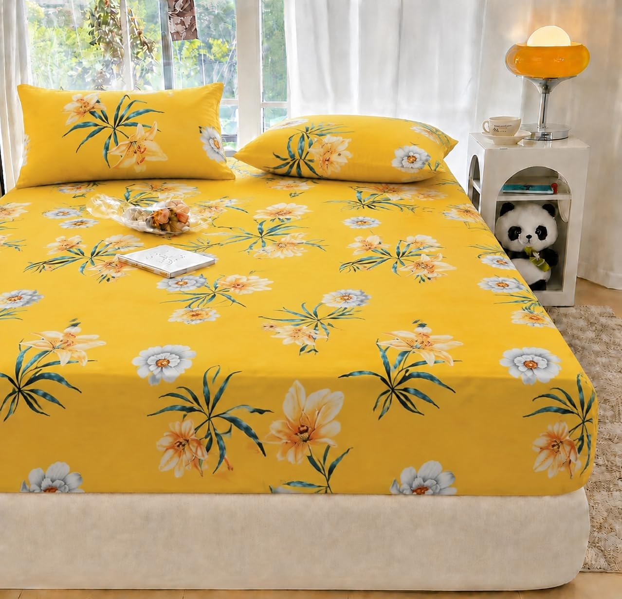 VOMZER 320 TC Cotton Feel All Around Elastic Fitted Bedsheets King Size, Premium Elastic Fitted King Size Bed Sheet for Double Bed with 2 Pillow Covers, Size- 78” x 72” (Yellow Flower)
