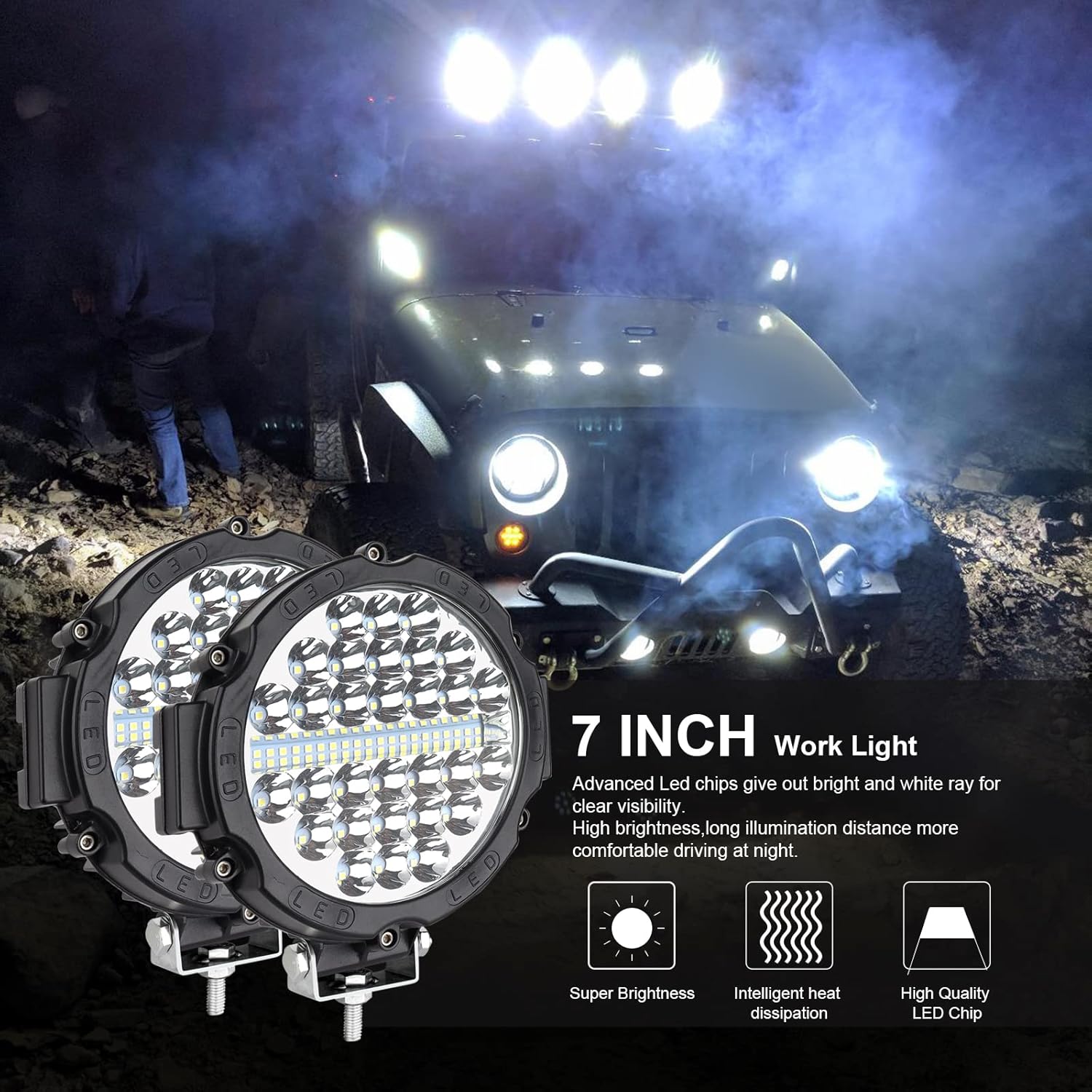 Safego 7 Inch Round Led Offroad Lights, round LED Driving Light Bar Pods 210W 21000LM Combo Beam Work light for Trucks ATV UTV SUV Car Tractors Off-Roading Jeep Lighting, Pack of 2