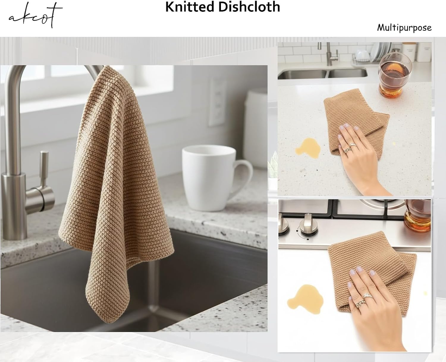 100% Cotton Knitted Dish Cloth, Ultra Soft Absorbent Quick Drying, 10 x10 Inches, 4-Pack, Perfect for Kitchen Cleaning and Dish Washing | Beige