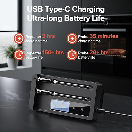 Miniatura 8 de Termómetro inalámbrico inteligente para carne con sondas duales, termómetro de cocina Bluetooth avanzado para asar a la parrilla, ahumar, asar al