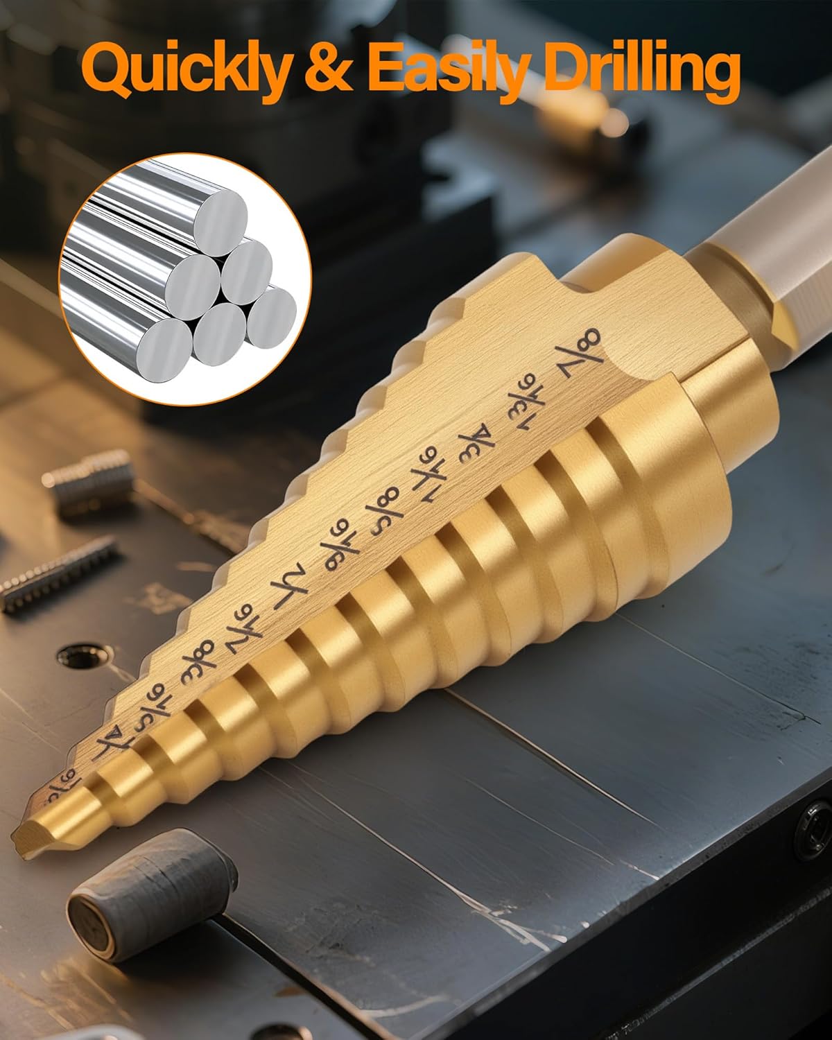 Step Drill Bit Set, 6Pcs HSS Titanium Step Bits with Automatic Center Punch, 50 Sizes Step Drill Bit for Metal, Wood with Aluminum Case