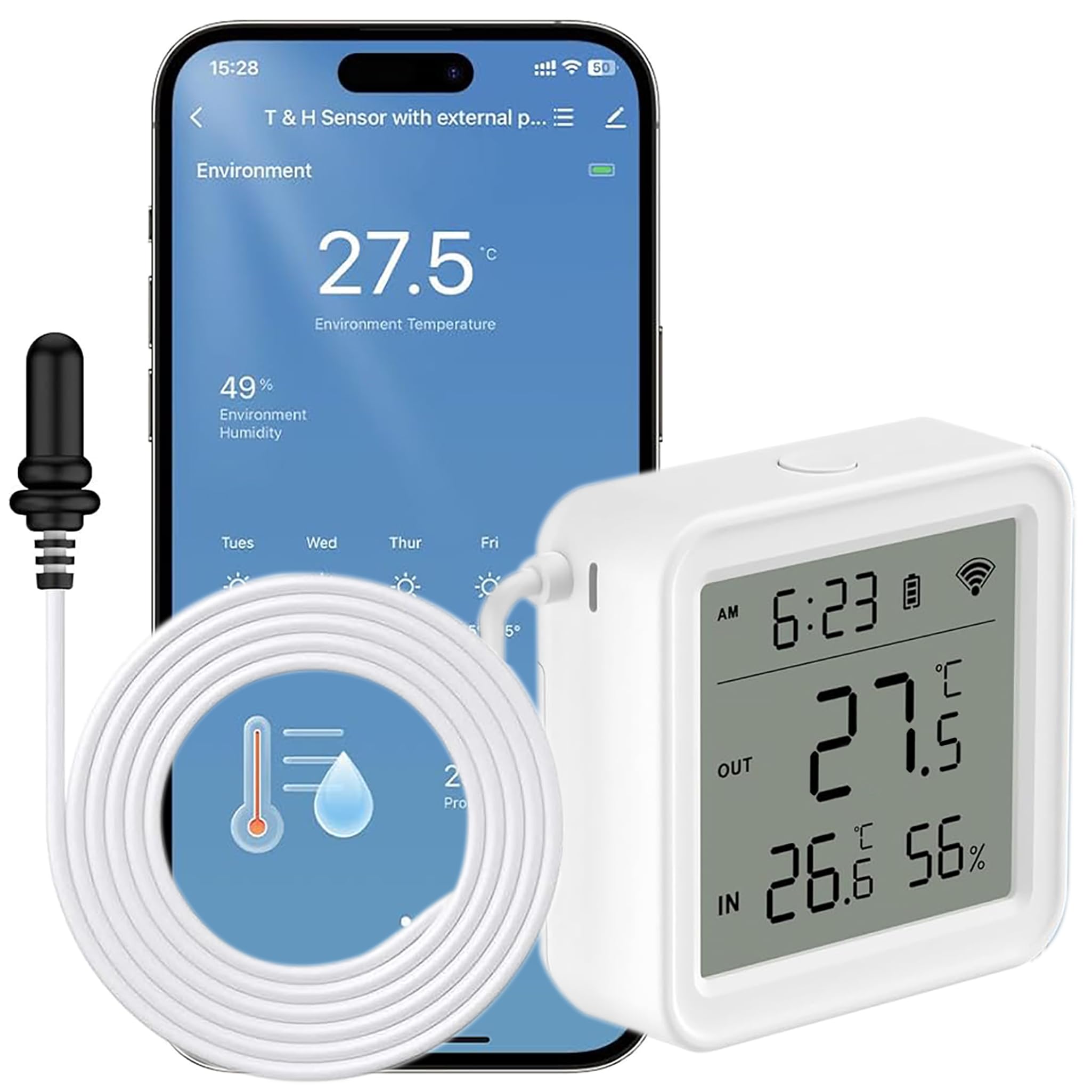 Comboss Wifi-hygrometer, thermometer, sensor met externe sonde, real-time synchronisatie update, met lcd-achtergrondverlichting, zoemeralarm, werkt met Tuya-app, voor broeikassen Comboss Wifi-hygrometer, thermometer, sensor met externe sonde, real-time synchronisatie update, met lcd-achtergrondverlichting, zoemeralarm, werkt met Tuya-app, voor broeikassen