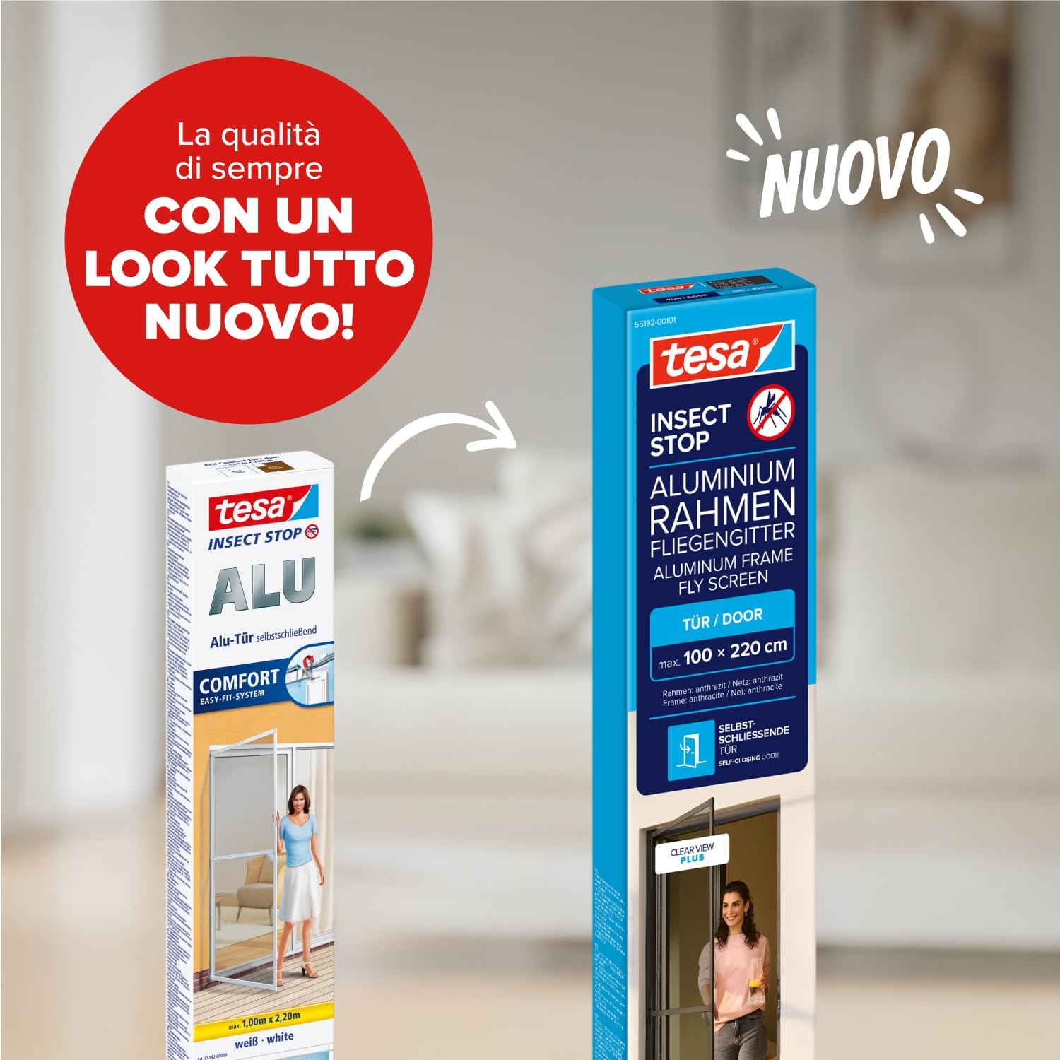 Tesa Insect Stop Alu Comfort Zanzariera per Porte con Telaio in Alluminio e " Clear-View " - Rete per Zanzare per Porta - Antracite, 100 cm x 220 cm