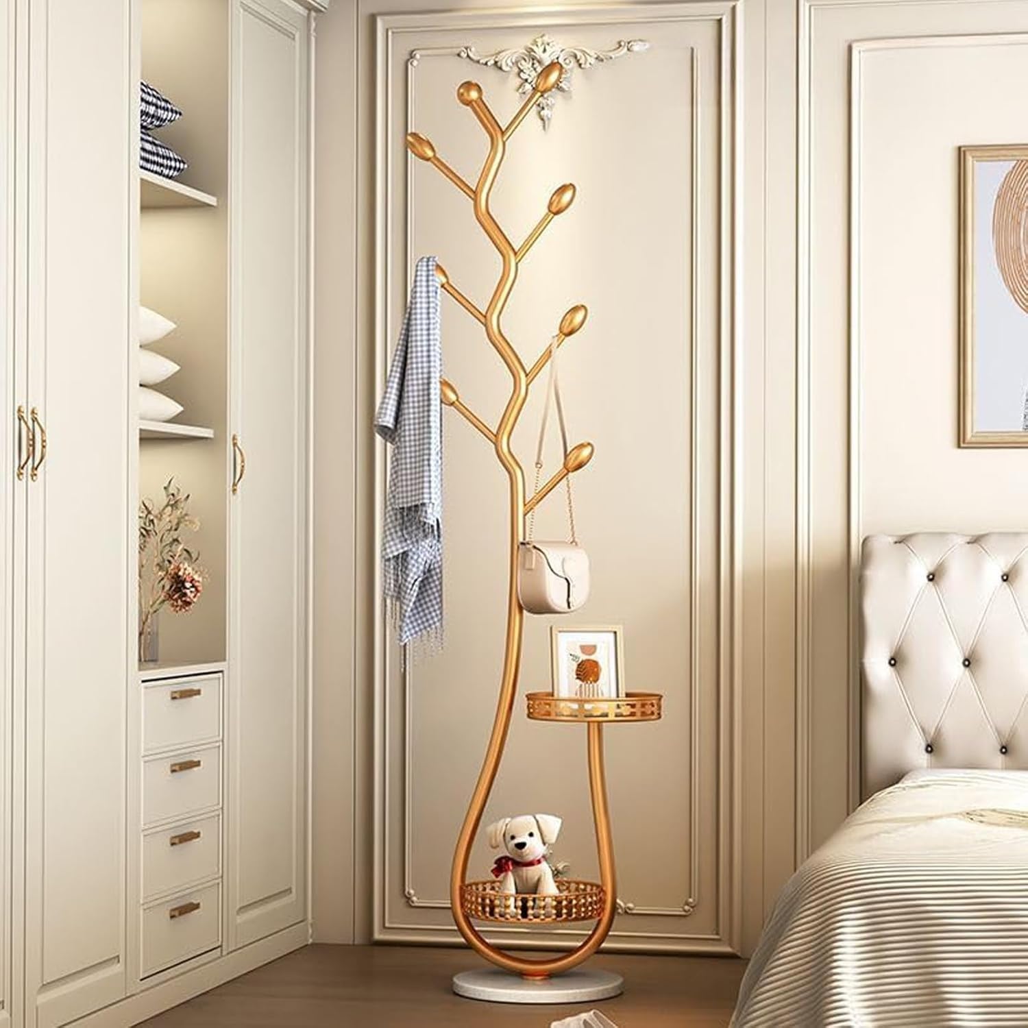FGXHHS Modern Metal Coat Rack with Marble Base, Freestanding Bag Holder, Double Layer Storage Basket for Bedroom, Entryway, Hallway - Stylish & Functional (30x30x170CM)
