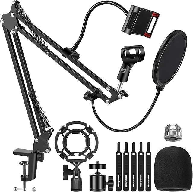 InnoGear Microphone Stand, Mic Stand with Phone Holder, Pop Filter, Shock Mount, Microphone Windscreen, Mic Clip, Table Mounting Clamp, Cable Ties, 3/8'' to 5/8'' Screw Adapter