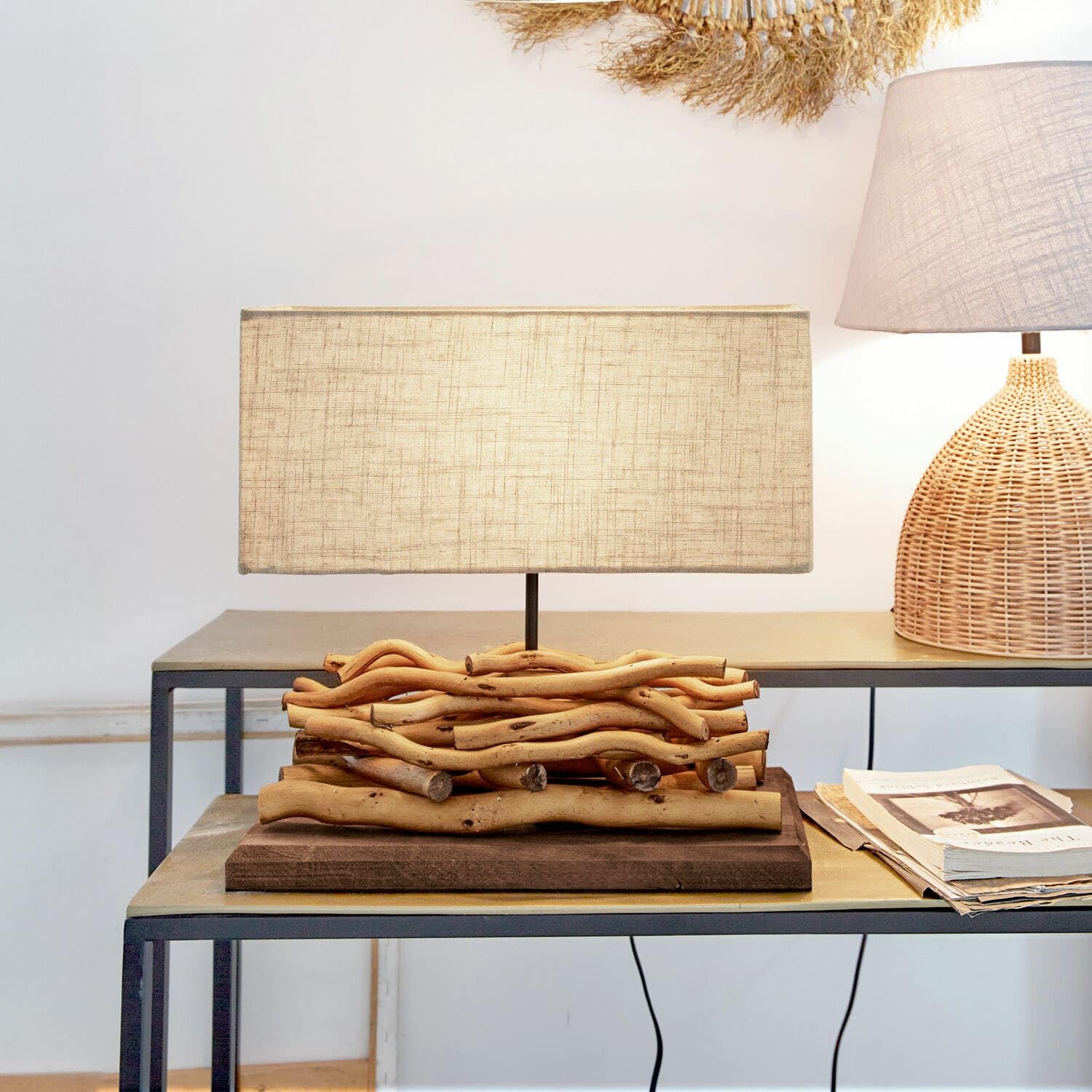 LOBERON Tischlampe Caribou - Maritime Lampe Mit Treibholz - Eckiger Lampenschirm - Jedes Stück Ein Unikat - Holz, Baumwolle & Leinen - Höhe 39 cm, leinen/braun
