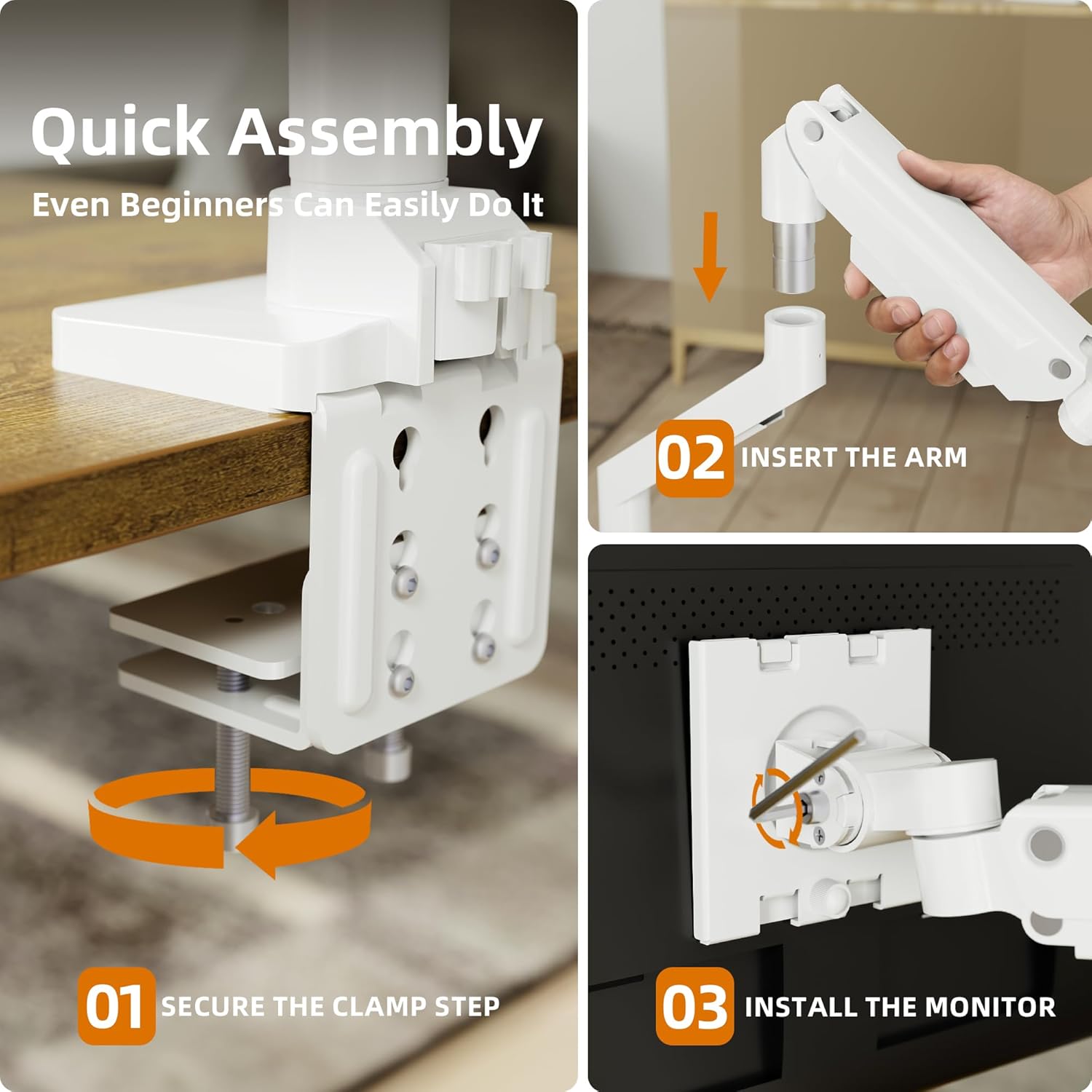 Claiks Single Monitor Mount for Max 49 inch Screens Stand up to Max 44 lbs, Ergonomic Gas Spring Heavy-Duty Adjustable Monitor Arm, with Clamp and Grommet Base, VESA Mounting Holes 75&100mm, White